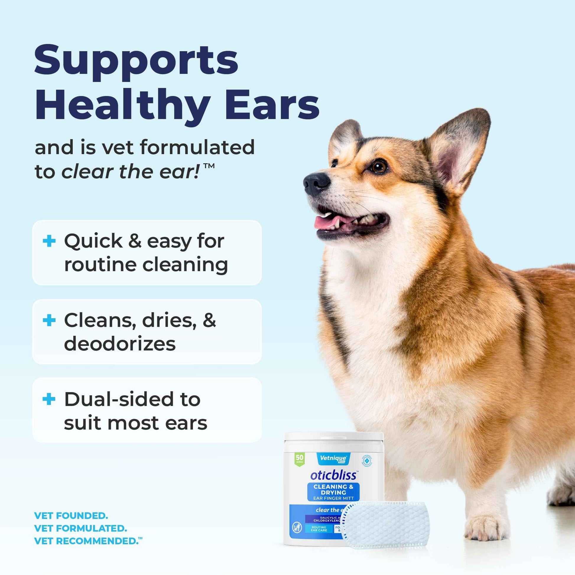 Vetnique Oticbliss Cat & Dog Ear Wipes - Dog Ear Infection Treatment or Dog Ear Cleaner Wipes for Dirty, Waxy, Smelly Dog Ears, Odor Control with Aloe Vera & Salicylic Acid (Finger Mitt Ear Wipes)