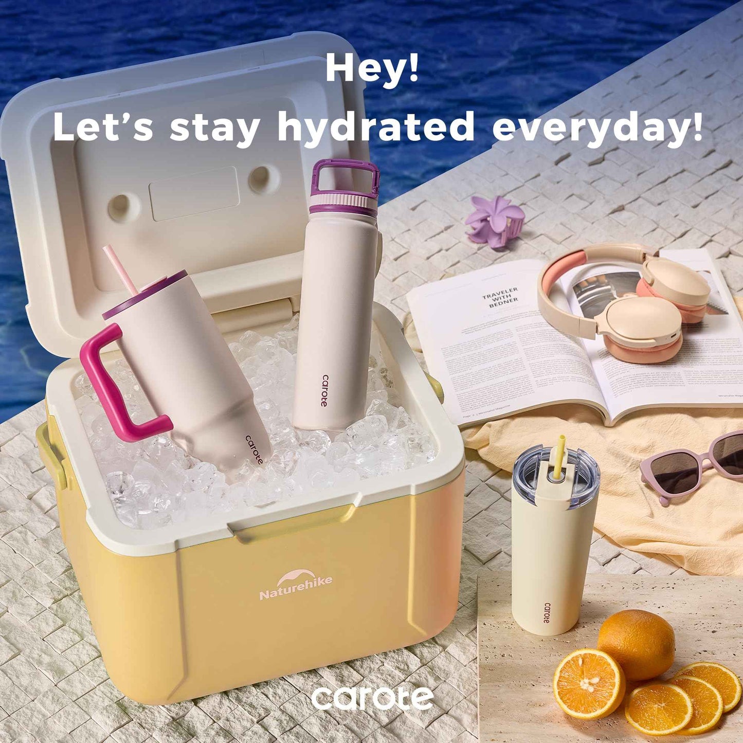 CAROTE 3-Pack Insulated Stainless Steel Water Bottles with Upgraded Leakproof Tech, Travel Coffee Tumplers with Straw, 34/24/24 oz Heart Paradise Straw Tumbler Set of Three (Blue)