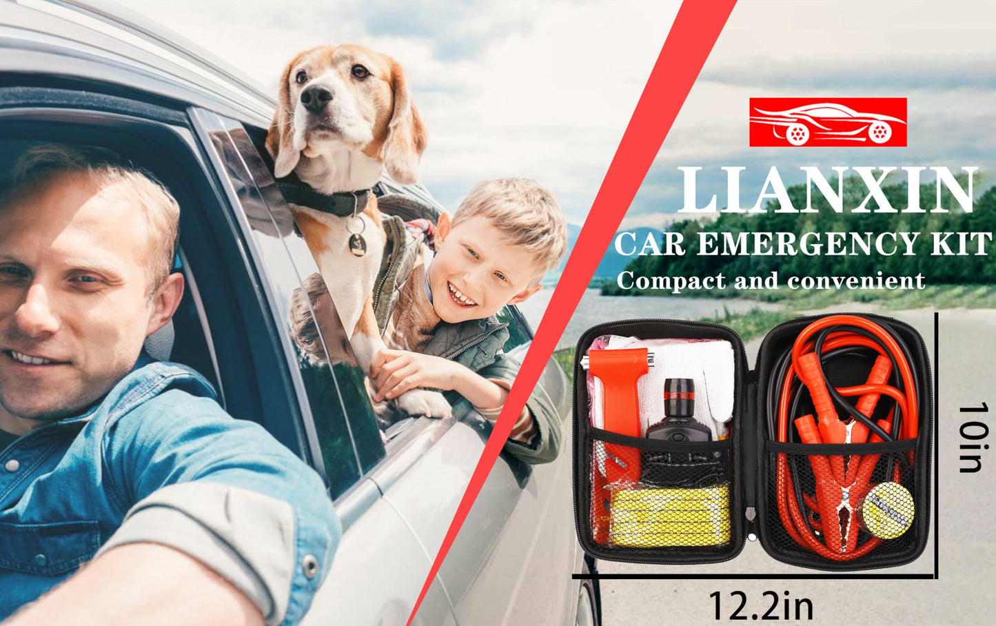 Car Roadside Emergency Kit, with Jumper Cables Automotive Kit,Car Safety Roadside Assistance Kit Headlamp,Tow Straps, Safety Hammers, Rainwear, Gloves.Black