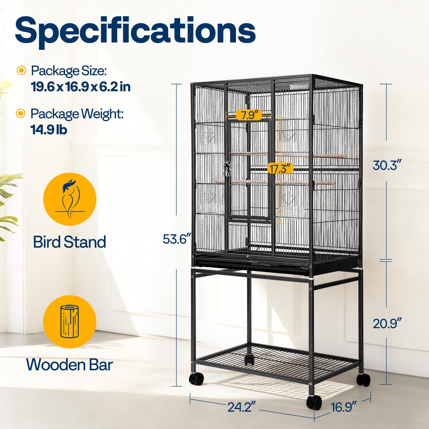 VIVOHOME 54 Inch Wrought Iron Large Bird Flight Cage with Rolling Stand for Parakeets Canaries Cockatiels Lovebirds Conures, Black