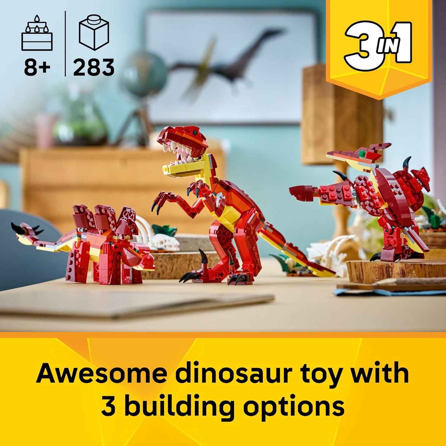 LEGO Creator 3 in 1 Fierce Dinosaur Building Toy for Boys & Girls, Ages 8+ - Kids Build 1 of 3 Prehistoric Animal Figures - Gift Idea for Birthdays - 31379