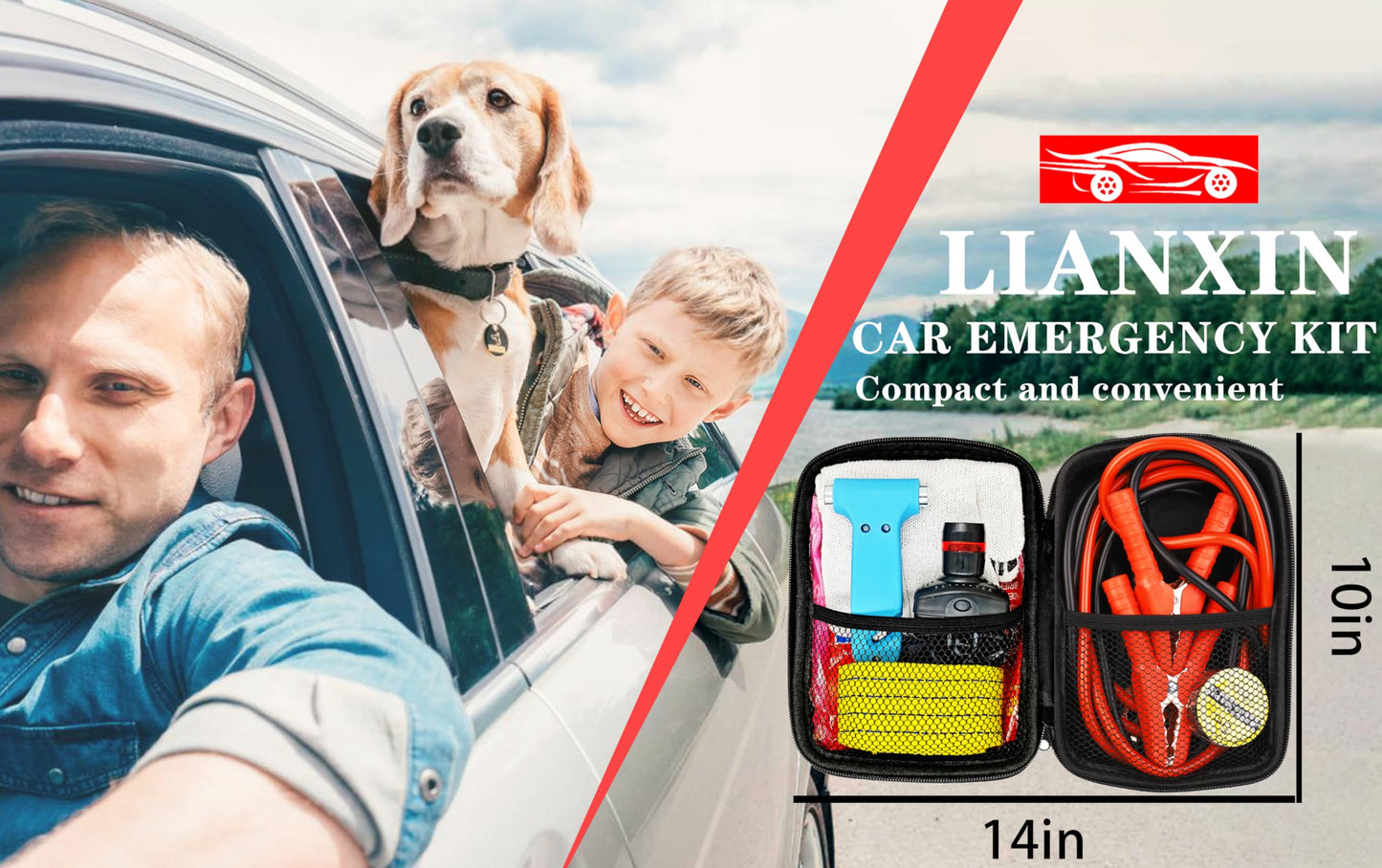 Car Roadside Emergency Kit, with Jumper Cables Automotive Kit,Car Safety Roadside Assistance Kit Headlamp,Tow Straps, Safety Hammers, Rainwear, Gloves.Black