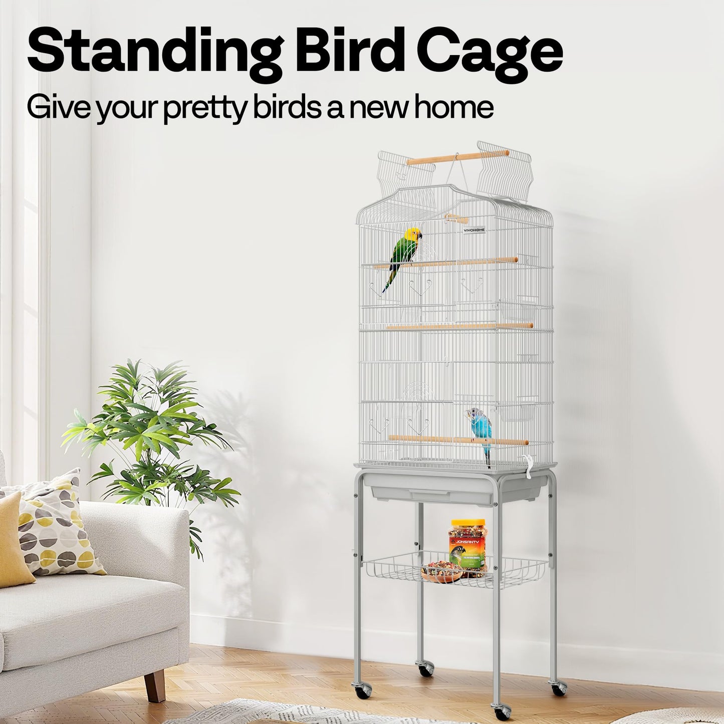 VIVOHOME 64 Inch Bird Cage with Play Top and Rolling Stand for Parrots Conures Lovebird Cockatiel Parakeets Gray