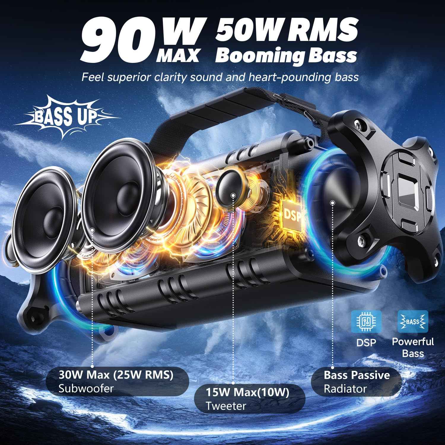 W-KING Bluetooth Speaker, 90W Max Portable Outdoor Speaker Loud, IPX6 Waterproof/50W Deep Bass Subwoofer/40H/EQ/Dual Pairing/TF/AUX, Large Boombox Speakers Bluetooth Wireless for Party/Beach/Jobside