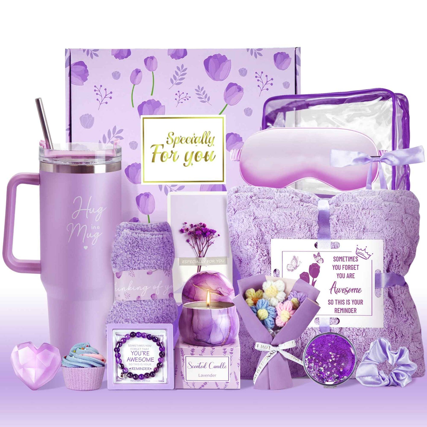 15PCS Birthday Gifts for Women, Relaxing Spa Basket With Luxury Flannel Blanket and 40 oz Tumbler - Care Package for Her, Mom, Wife, Friends - Valentine's, Mother's Day, Christmas