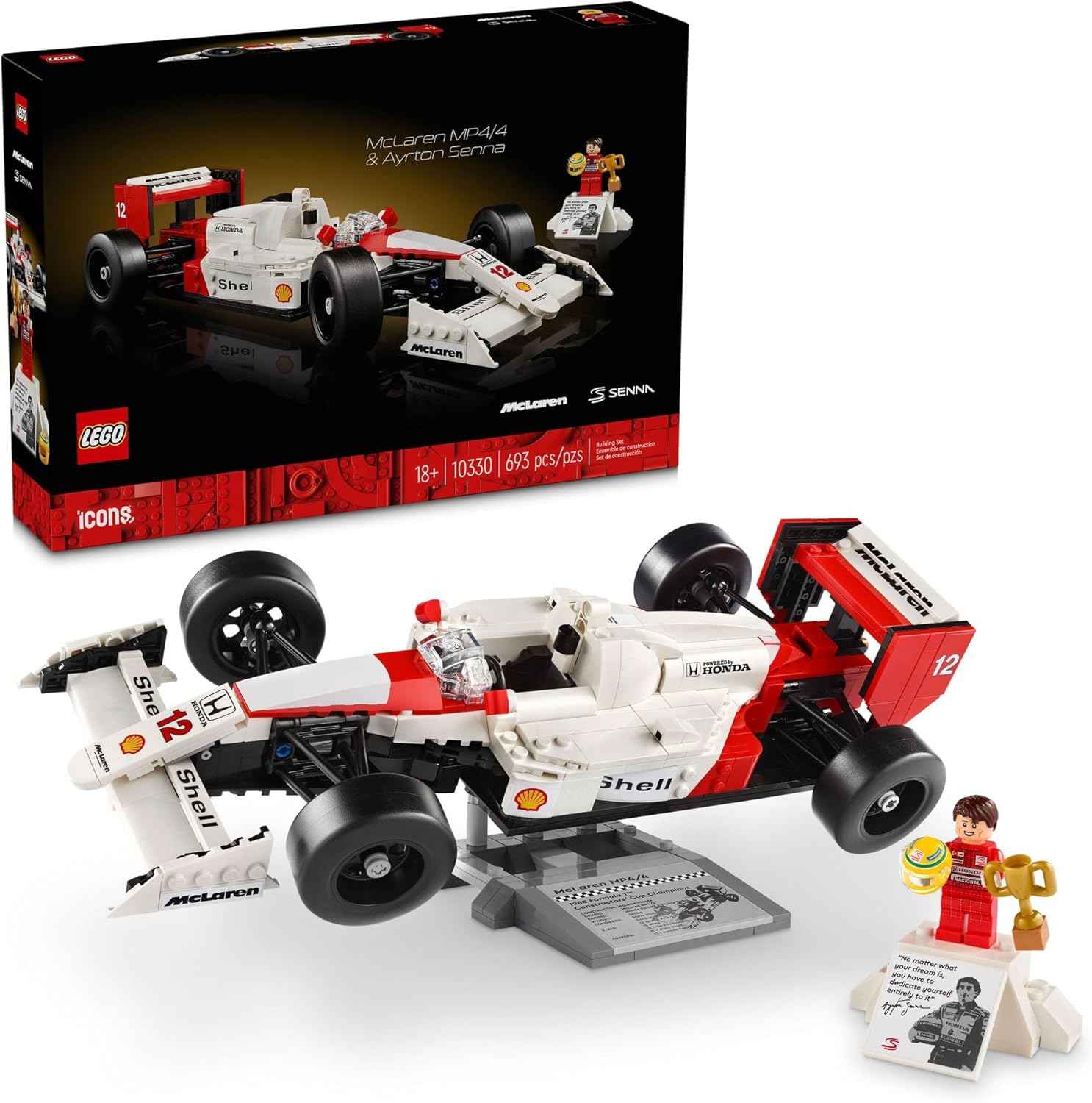 LEGO Icons McLaren MP4/4 & Ayrton Senna Minifigure Model Car Kit - Buildable F1 McLaren Set for Adults, Ages 18+ - Gift for Birthdays - 10330
