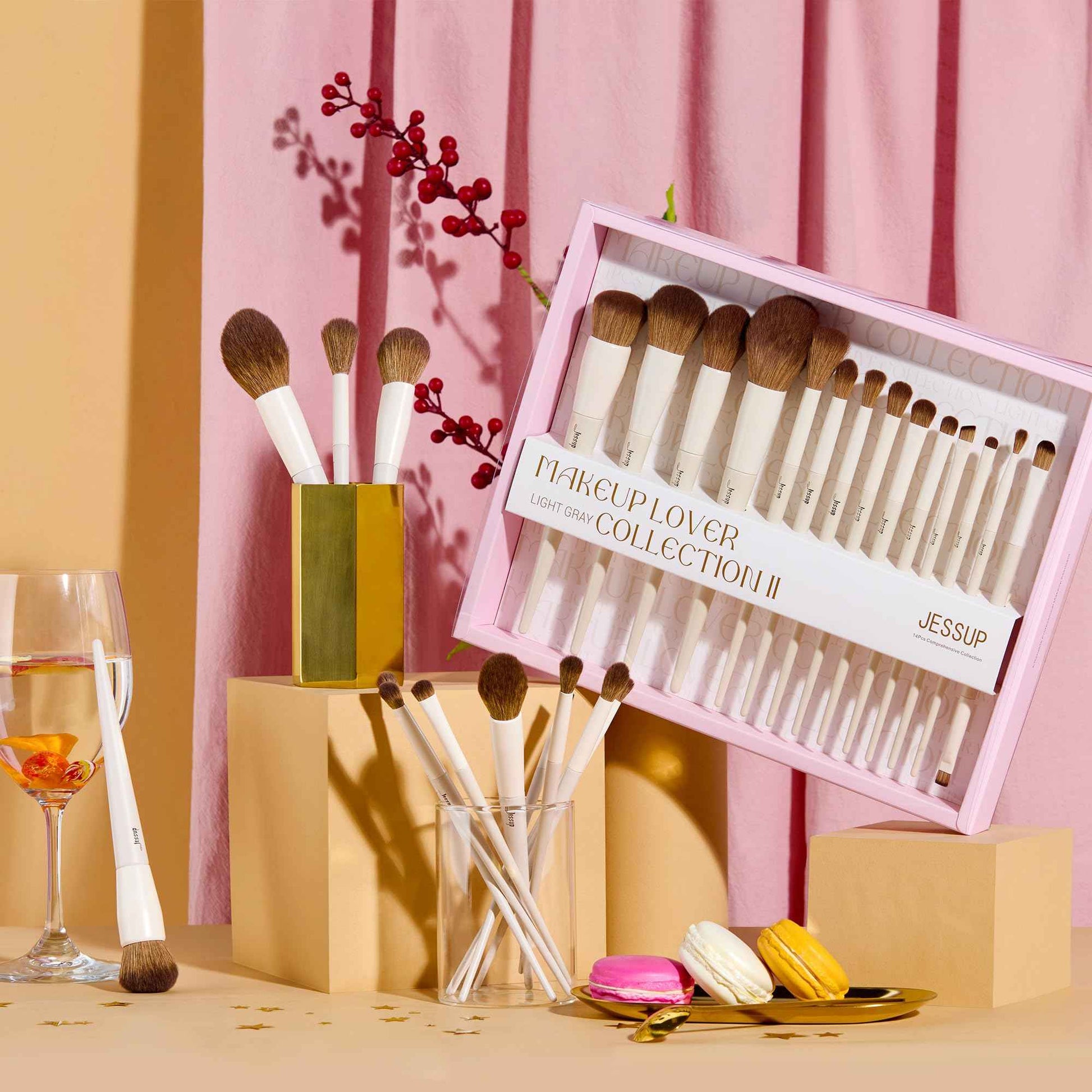 Jessup Makeup Brushes 14Pcs Makeup Brush Set Premium Synthetic Powder Foundation Contour Blush Concealer Eye Shadow Blending Liner Make Up Brush Kit Light Grey T329