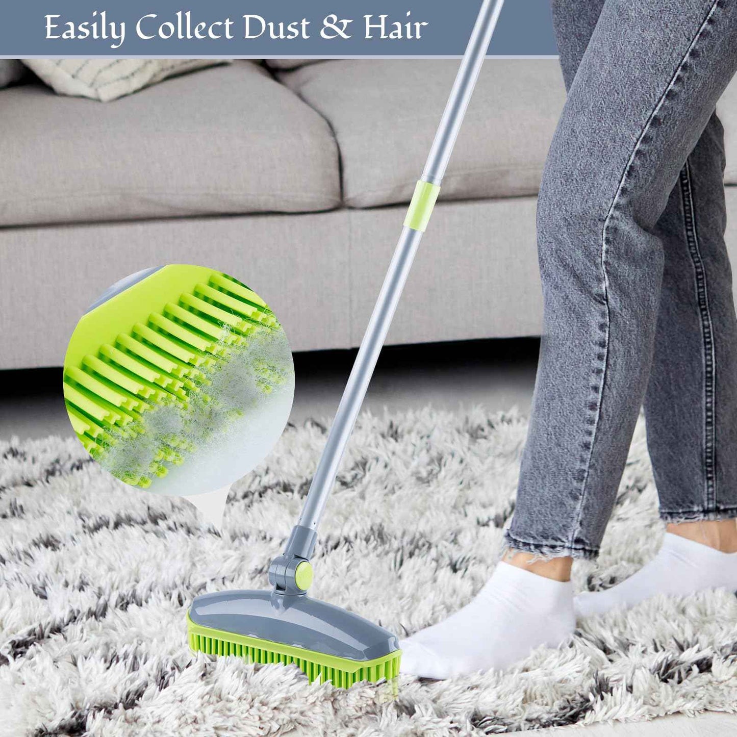 180°Rotating Rubber Broom with Squeegee for Pet Hair Removal - 50" Iron Handle Fur Remover Rake Brush for Carpet, Hardwood & Tile Floors, Includes Pet Hair Removal Gloves (Green)