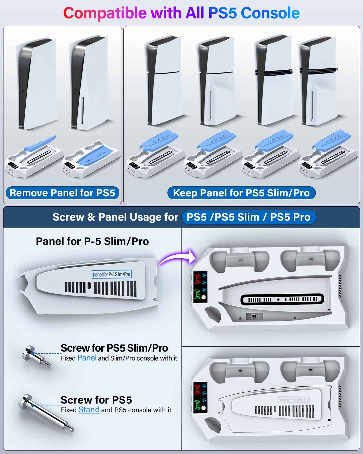 PS5/PS5 Slim/PS5 Pro Stand and Cooling Station with Dual Controller Charging Station for PlayStation 5 Console, PS5 Accessories Incl. Controller Charger, Cooling Fan, Headset Holder, 3 USB Hub, White