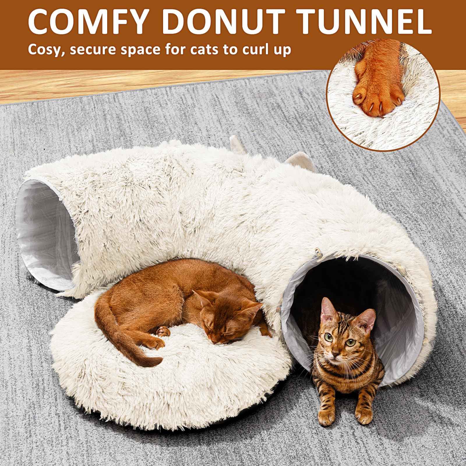 Cat Tunnel with Cat Bed for Indoor Cats, Under Christmas Tree Soft Plush Peekaboo Cat Cave Donut Tunnel, Multifunctional Playground Toys Hideplace for Kittens, Rabbit, Ferret (Grey)