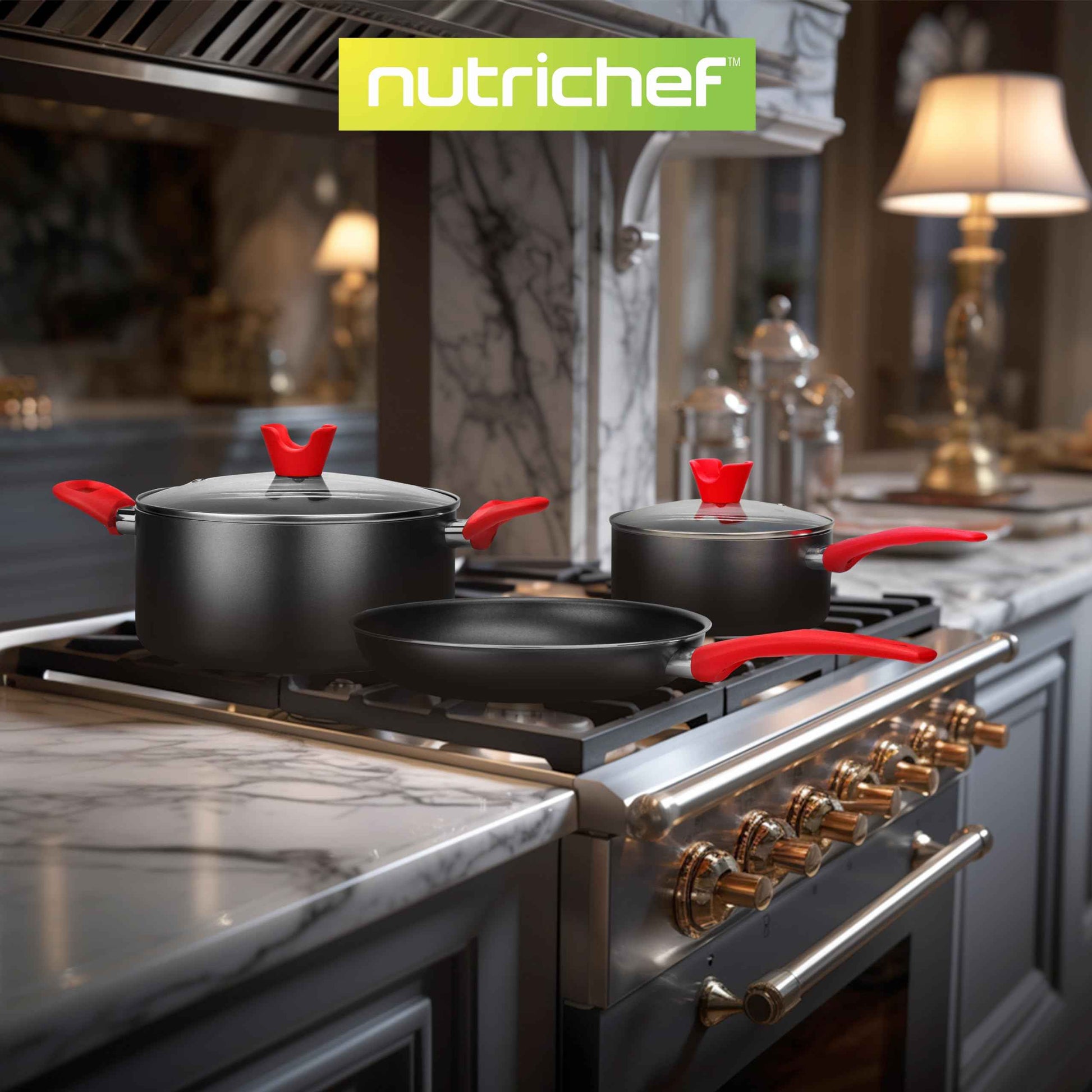 NutriChef 3-Piece Nonstick Kitchen Oven Baking Pans - Premium & Stylish Non-Stick Steel, Commercial Grade Restaurant Quality Metal Bakeware with Red Silicone Handles - Easy to Clean, NCSBS3S