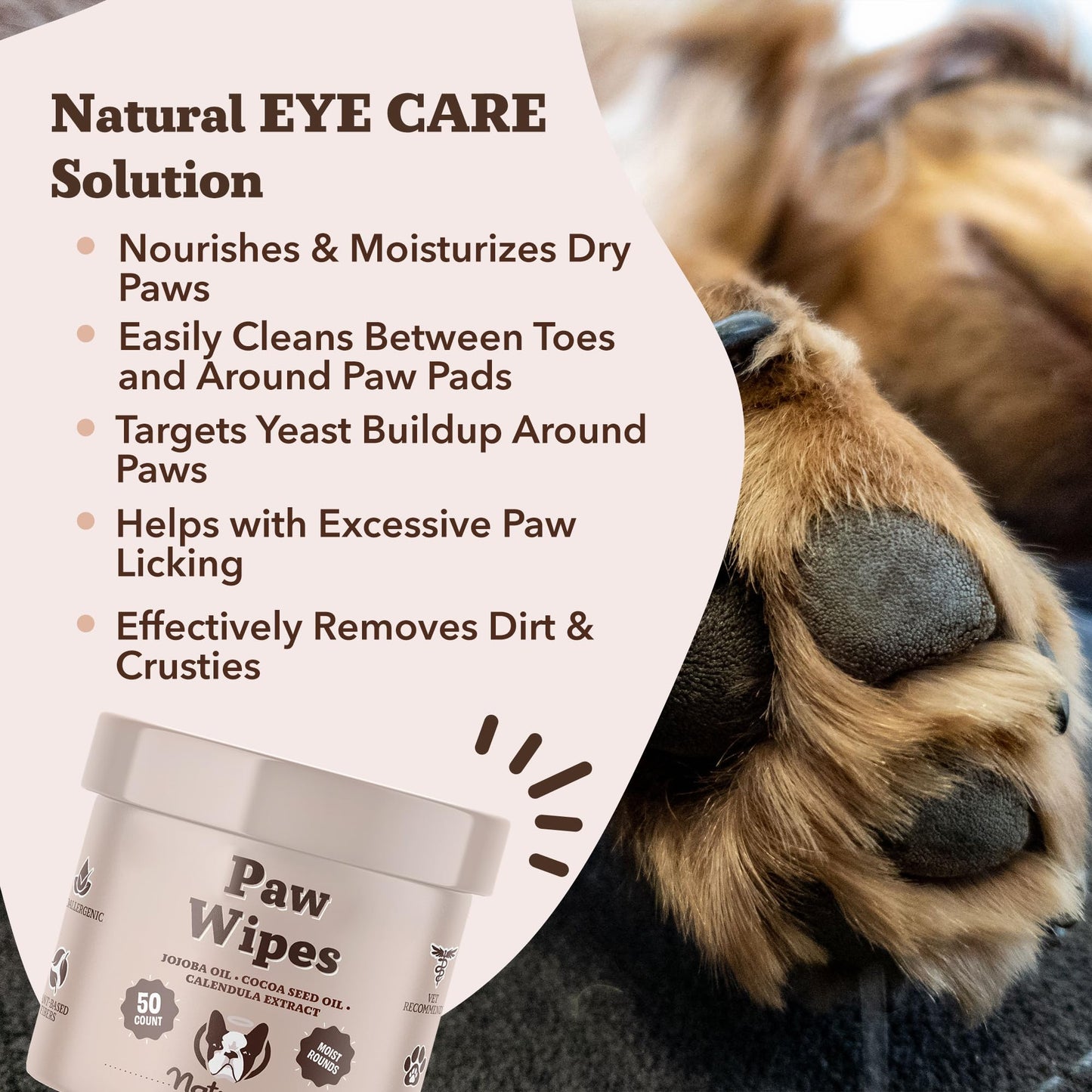 Natural Dog Company Wrinkle Wipes for Dogs, 100 Count, Hypoallergenic Dog Wipes, Wrinkle Wipes French Bulldog, Cleaning & Deodorizing, Dog Wipes for Grooming Faces, Paws & Butts