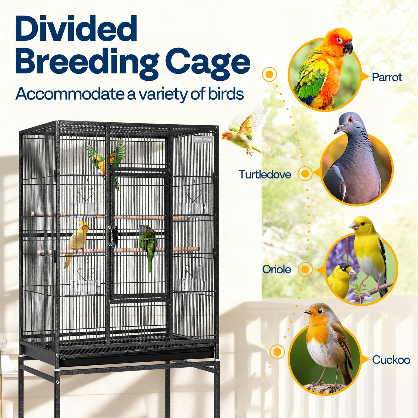 VIVOHOME 54 Inch Wrought Iron Large Bird Flight Cage with Rolling Stand for Parakeets Canaries Cockatiels Lovebirds Conures, Black
