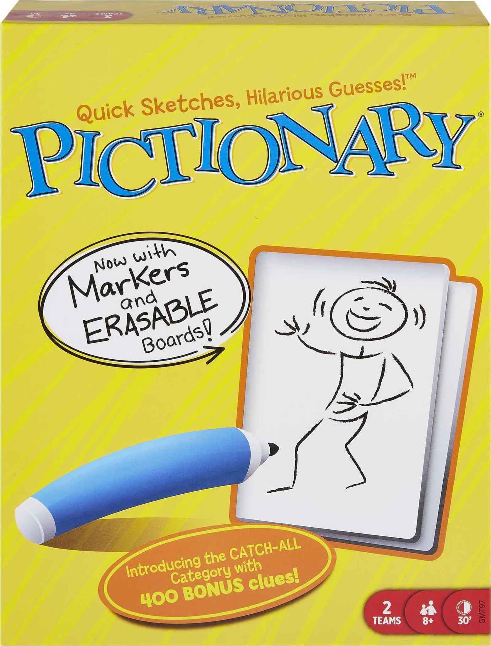 Mattel Games Pictionary Family Board Game for Kids, Adults and Game Night for 2 Teams with Erasable Markers, Boards and Sand Timer