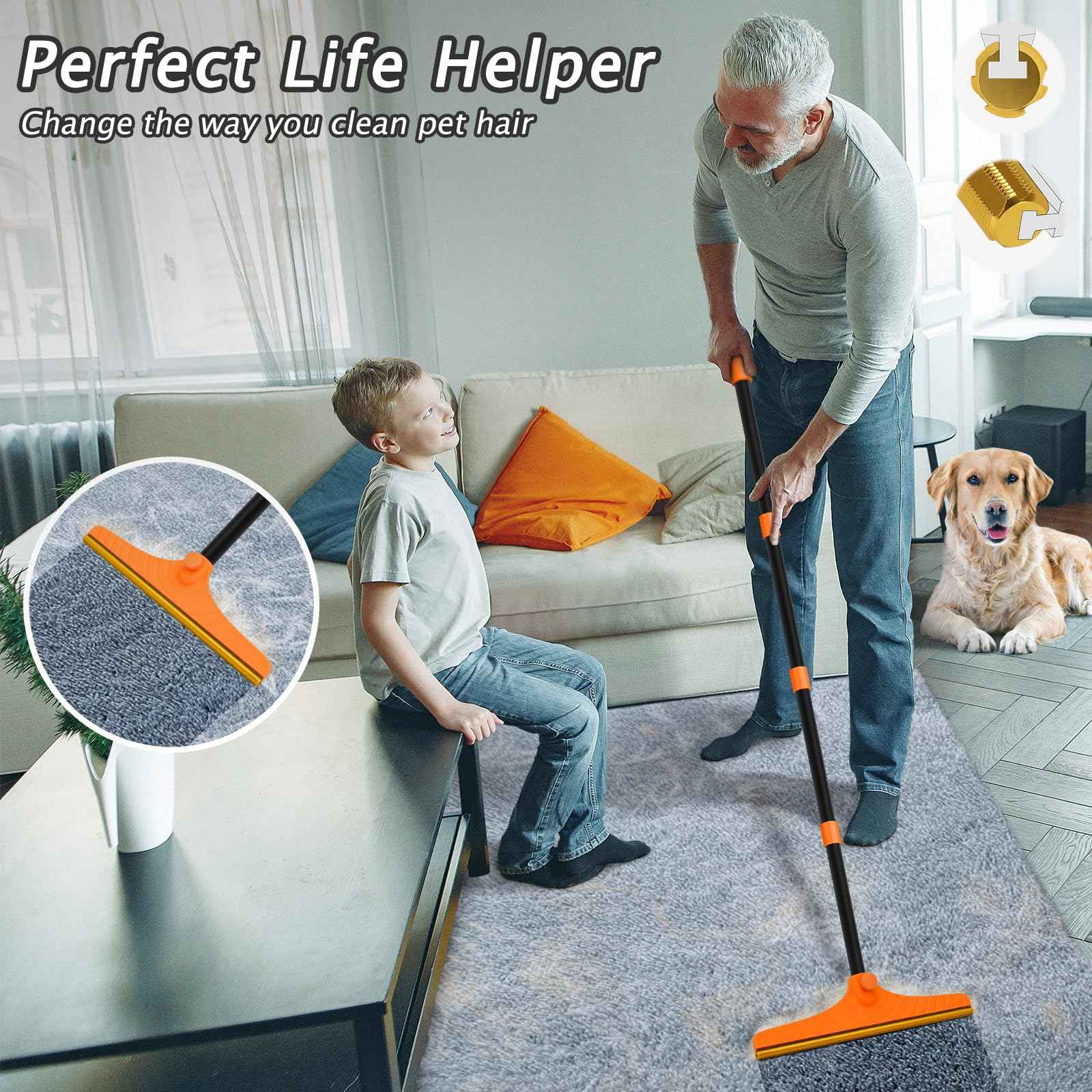 Carpet Rake for Pet Hair Removal - Reusable Pet Hair Remover, 60” Adjustable Long Handle Cat Dog Carpet Rake Scraper with Patented Design, Dog Hair Rake Brush for Rugs, Mats
