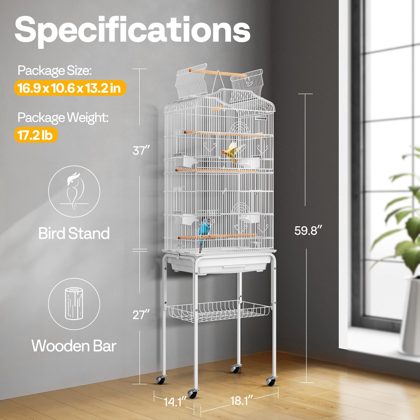 VIVOHOME 64 Inch Bird Cage with Play Top and Rolling Stand for Parrots Conures Lovebird Cockatiel Parakeets Gray