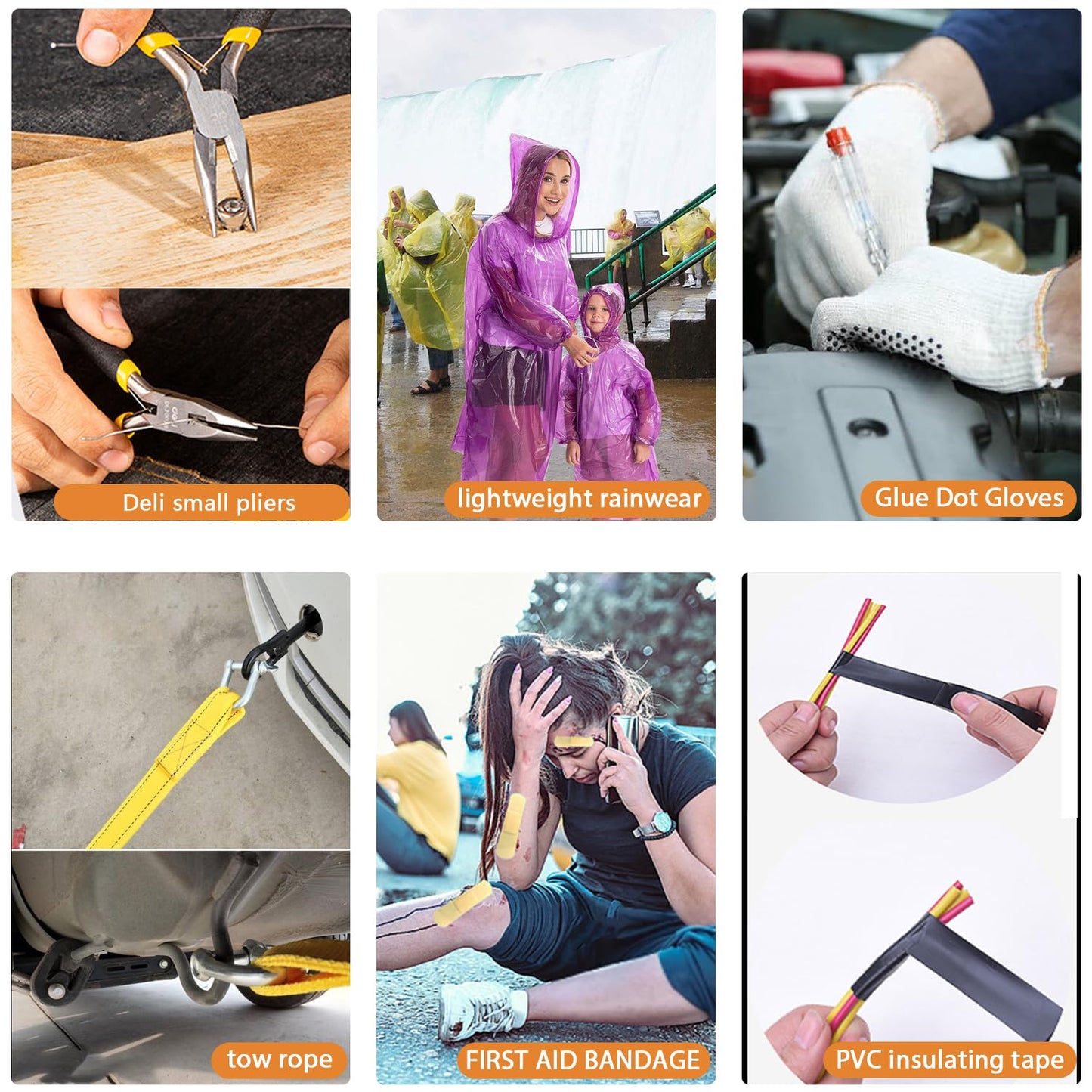 Car Roadside Emergency Kit, with Jumper Cables Automotive Kit,Car Safety Roadside Assistance Kit Headlamp,Tow Straps, Safety Hammers, Rainwear, Gloves.Black