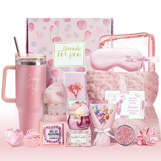 15PCS Birthday Gifts for Women, Relaxing Spa Basket With Luxury Flannel Blanket and 40 oz Tumbler - Care Package for Her, Mom, Wife, Friends - Valentine's, Mother's Day, Christmas