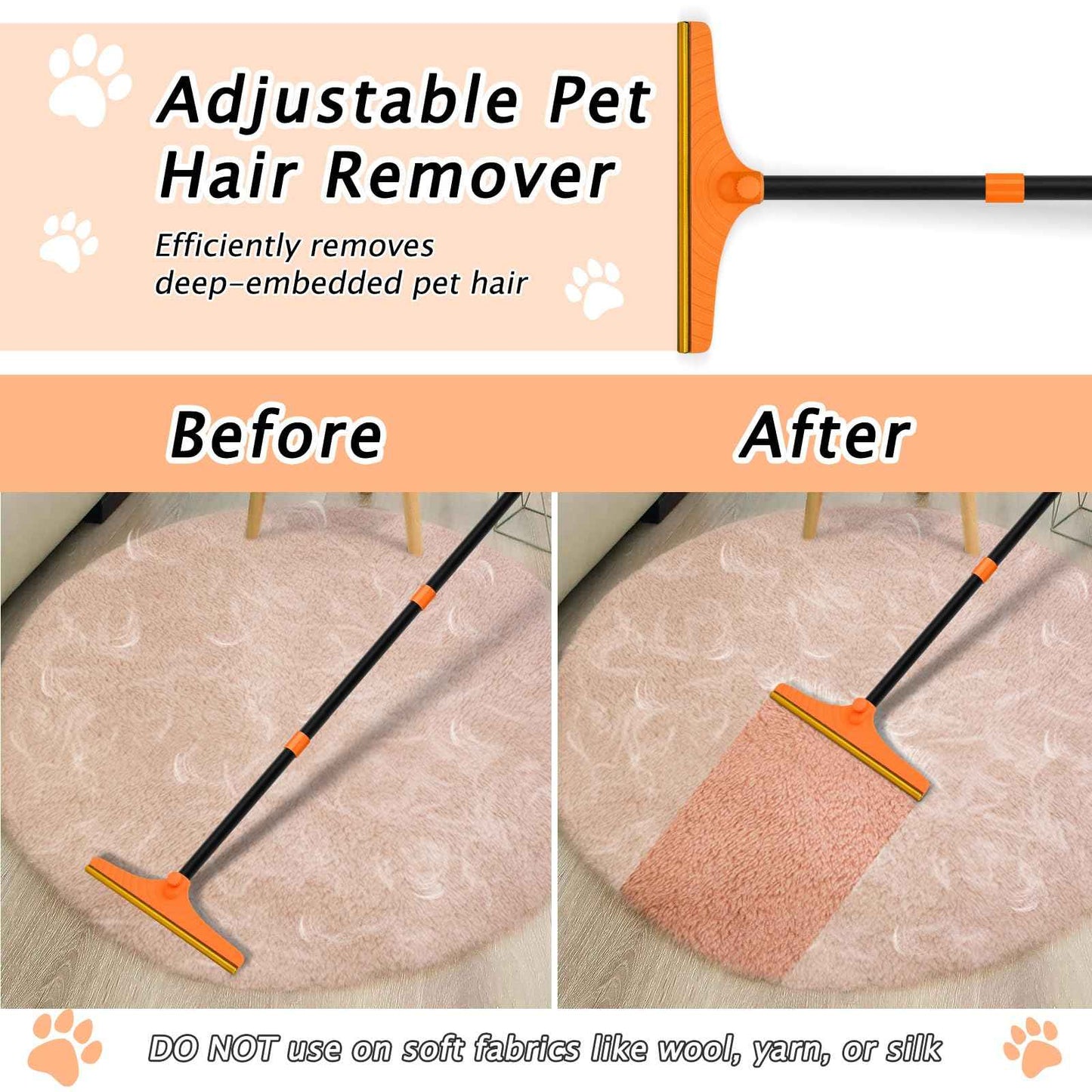 Carpet Rake for Pet Hair Removal - Reusable Pet Hair Remover, 60” Adjustable Long Handle Cat Dog Carpet Rake Scraper with Patented Design, Dog Hair Rake Brush for Rugs, Mats