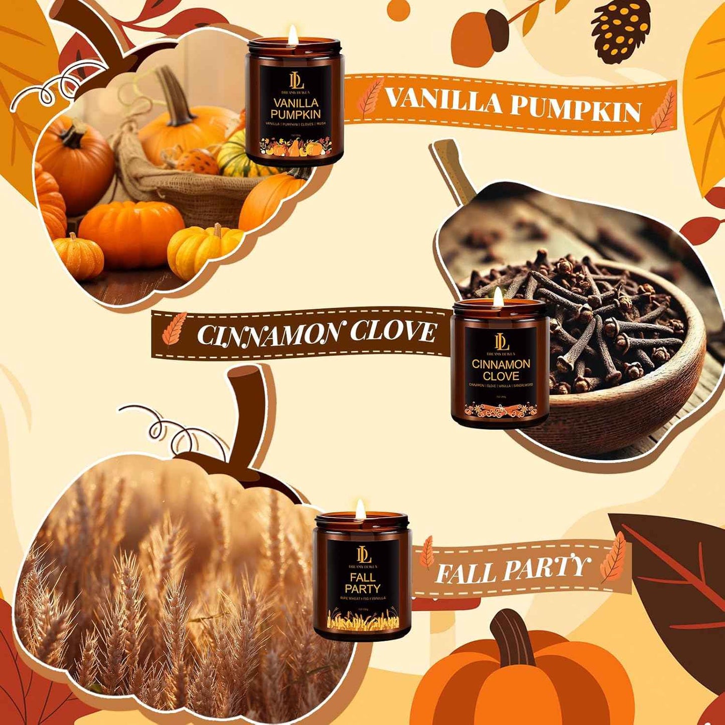 Fall Candle Set, Fall Scented Candles for Home, 4 Pack Soy Candle Set, Autumn Gifts for Women Men, Autumn Scents of Vanilla Pumpkin/Cinnamon Clove/Apple Pie/Fall Party