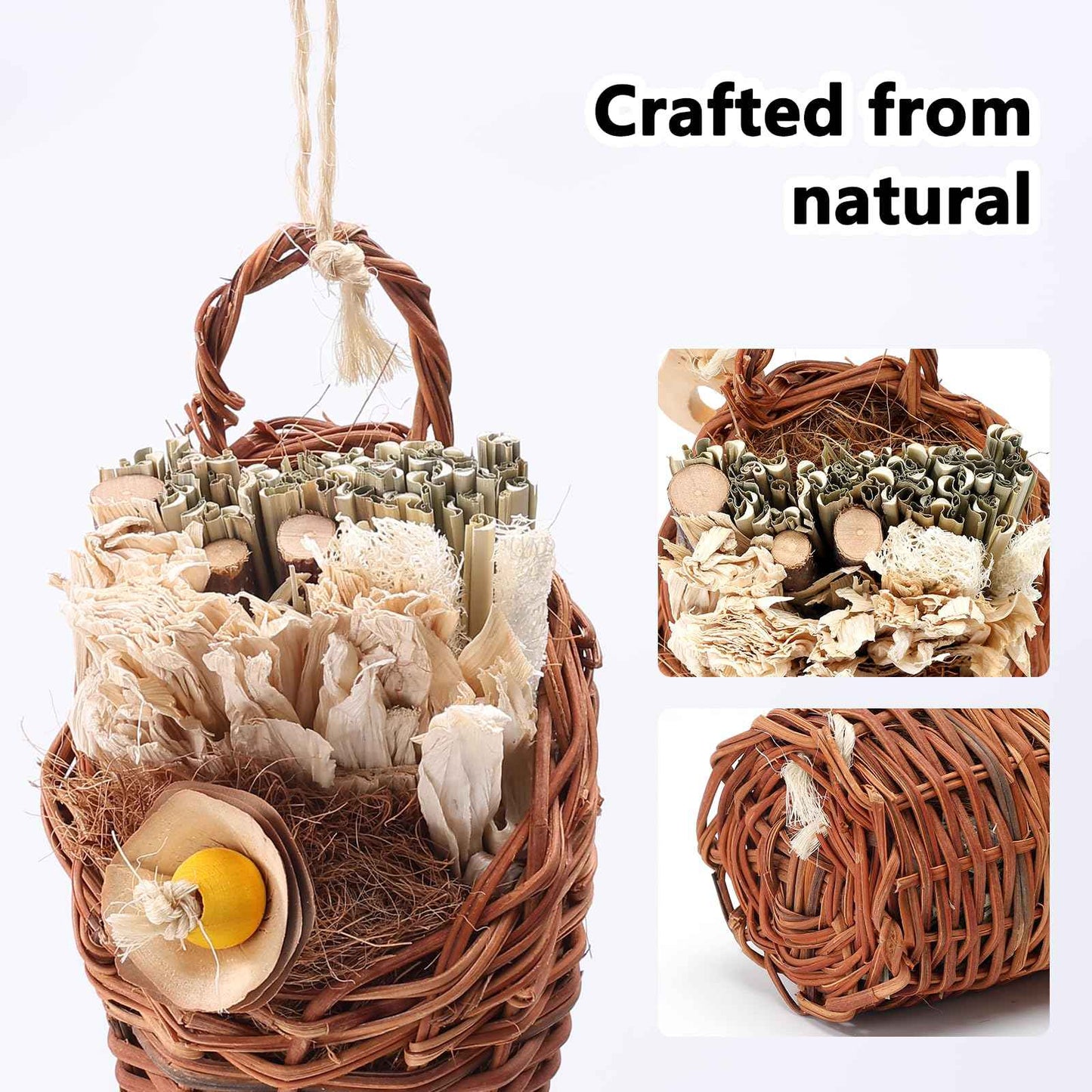 Natural Bird Chew Toys Shreddable Toys Made of Seagrass, Timothy Grass & Corn Leaves with Wood Hook for Cockatiels, Parakeets, Small Medium Birds (Pinecone Woven Basket)