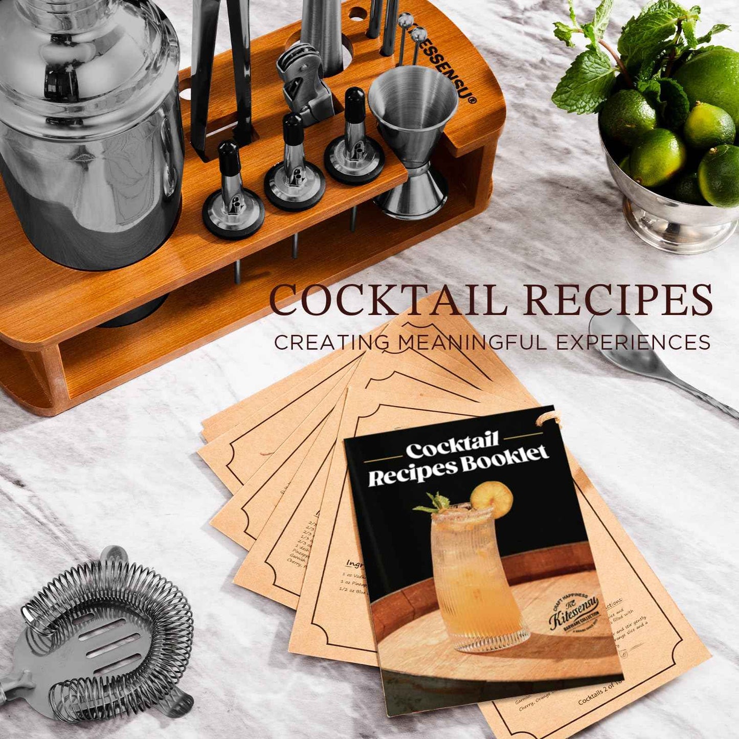 KITESSENSU Cocktail Shaker Set Bartender Kit with Stand | Bar Set Drink Mixer Set with All Essential Accessory Tools: Martini Shaker, Jigger, Strainer, Mixer Spoon, Muddler, Liquor Pourers |Silver