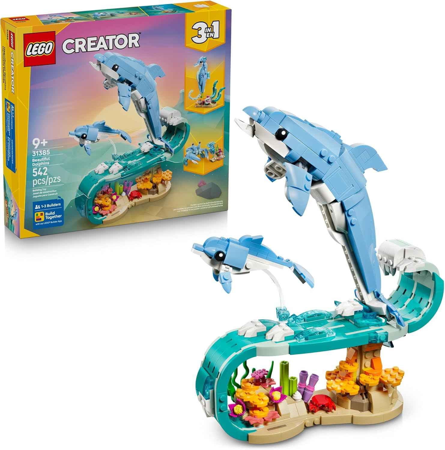 LEGO Creator 3 in 1 Sea Animals: Beautiful Dolphins Building Toy for Girls, Boys, & Kids, Ages 8+ - Build a Dolphin, Seahorse, or Crab Animal Figure - Gift Idea for Birthdays - 31385