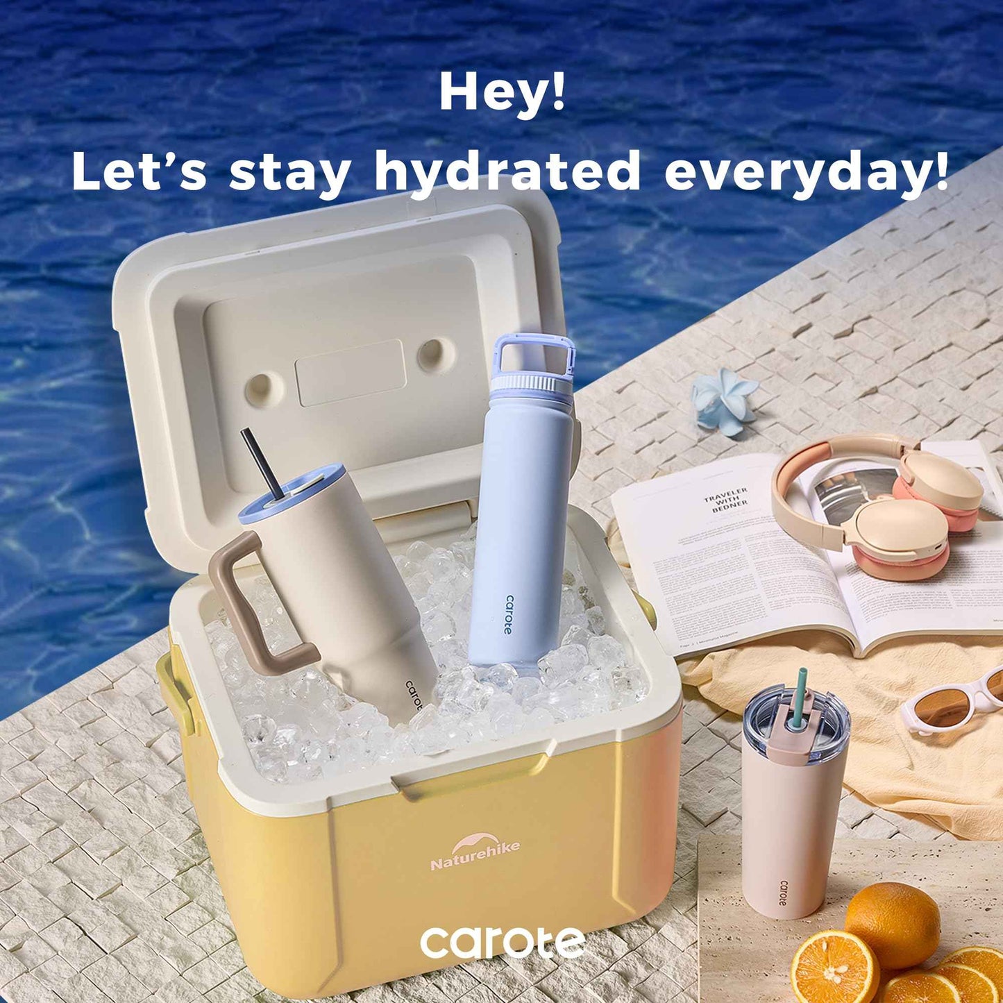 CAROTE 3-Pack Insulated Stainless Steel Water Bottles with Upgraded Leakproof Tech, Travel Coffee Tumplers with Straw, 34/24/24 oz Heart Paradise Straw Tumbler Set of Three (Blue)