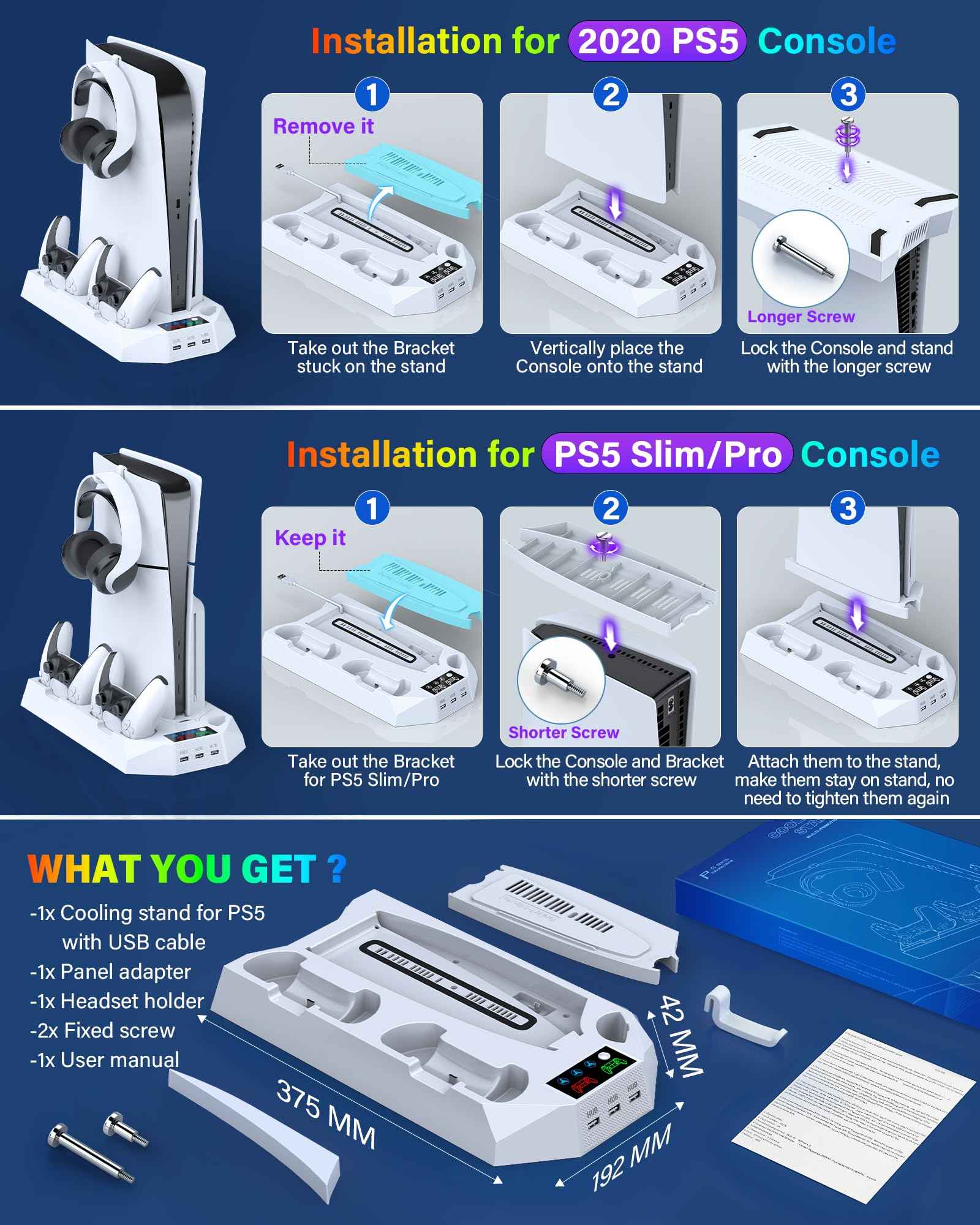 PS5/PS5 Slim/PS5 Pro Stand and Cooling Station with Dual Controller Charging Station for PlayStation 5 Console, PS5 Accessories Incl. Controller Charger, Cooling Fan, Headset Holder, 3 USB Hub, White
