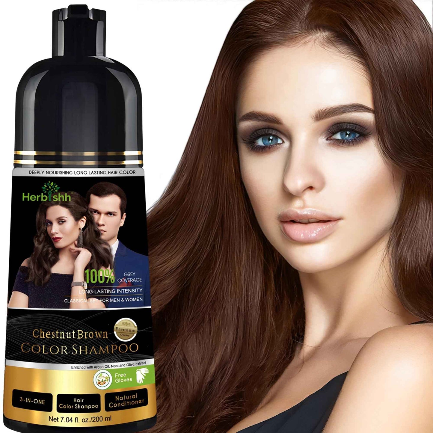 Herbishh Black Shampoo, Hair Dye Shampoo 3 in 1, 100% Grey Coverage, Demi-Permanent Hair Color for Men & Women, Long-lasting Color in 5-15 Mins, Ammonia-free, 200 ml