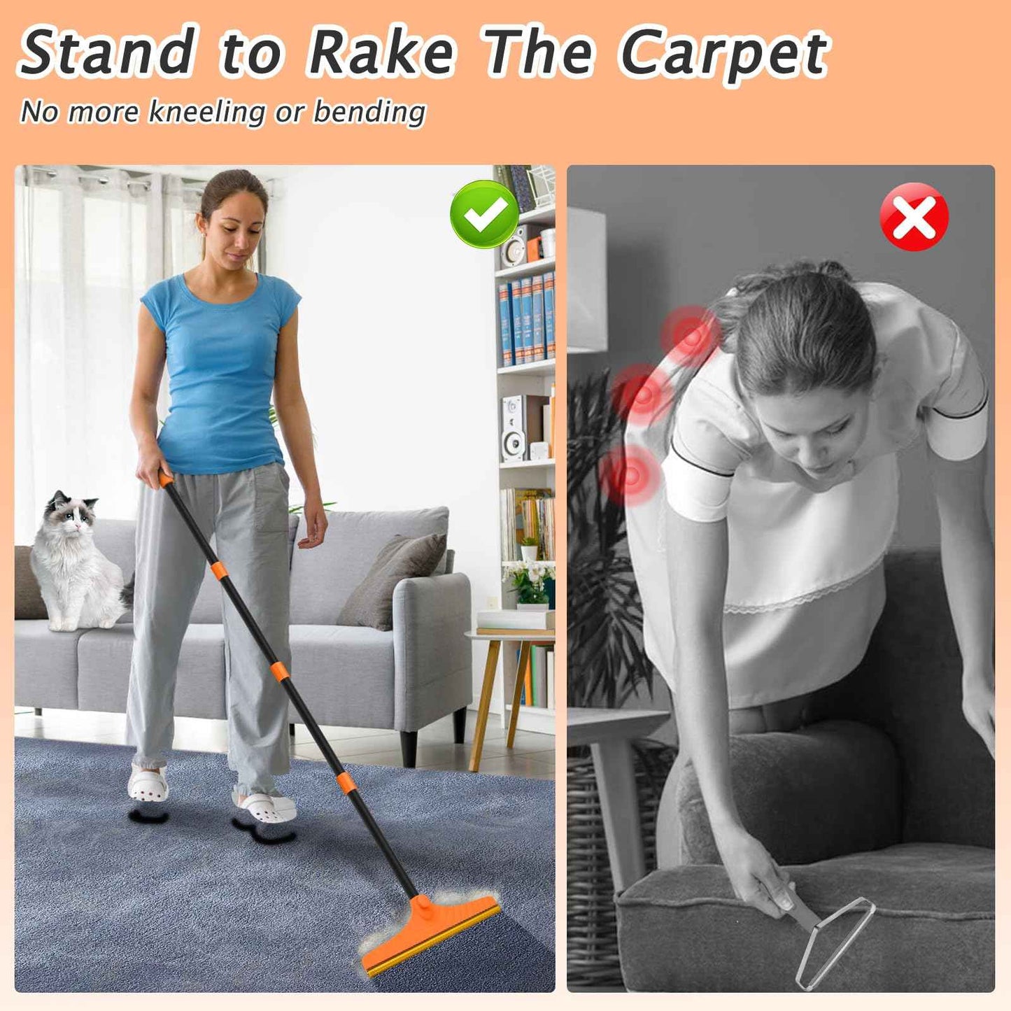 Carpet Rake for Pet Hair Removal - Reusable Pet Hair Remover, 60” Adjustable Long Handle Cat Dog Carpet Rake Scraper with Patented Design, Dog Hair Rake Brush for Rugs, Mats