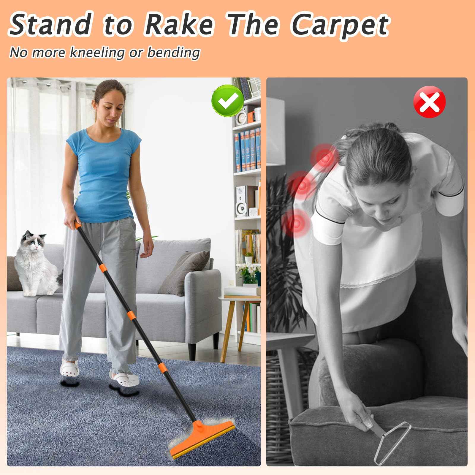 Carpet Rake for Pet Hair Removal - Reusable Pet Hair Remover, 60” Adjustable Long Handle Cat Dog Carpet Rake Scraper with Patented Design, Dog Hair Rake Brush for Rugs, Mats