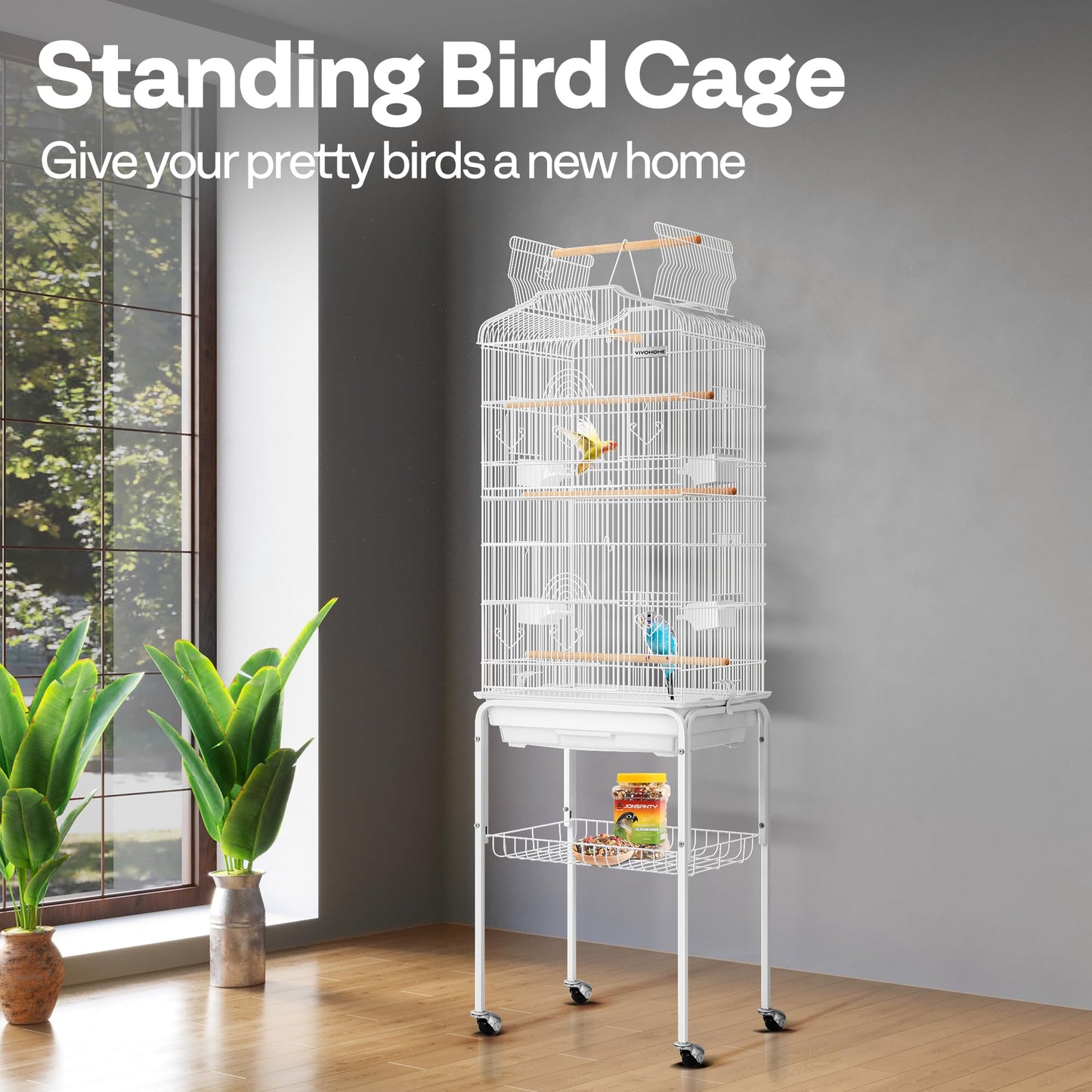 VIVOHOME 64 Inch Bird Cage with Play Top and Rolling Stand for Parrots Conures Lovebird Cockatiel Parakeets Gray