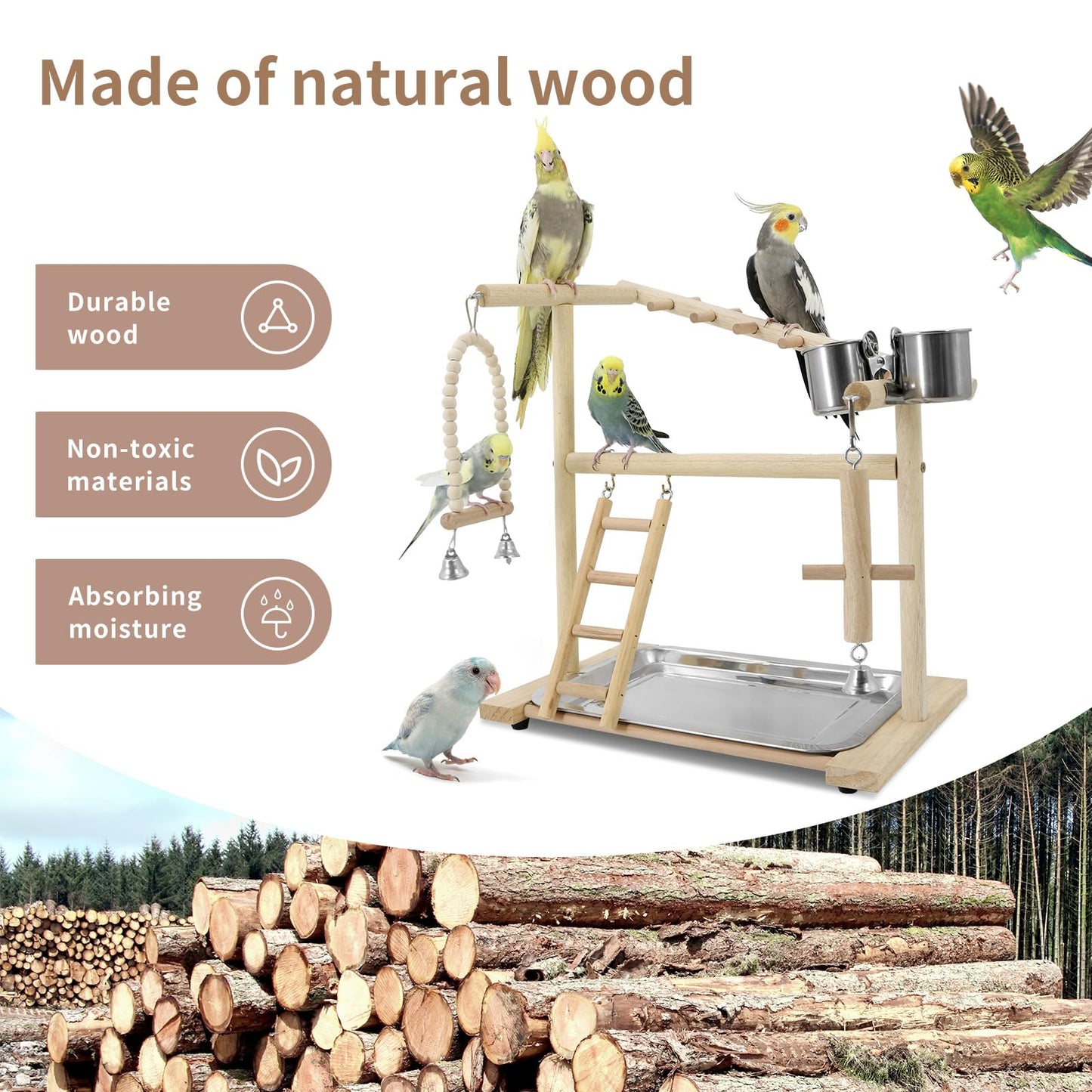 Bird Playground, Parrots Playstand for Small to Medium Birds, Perch Stand with 3 Ladders Playgym with Rope Perch, Swings Feeder Cups Bird Cage Accessories for Conure Cockatiel Lovebirds