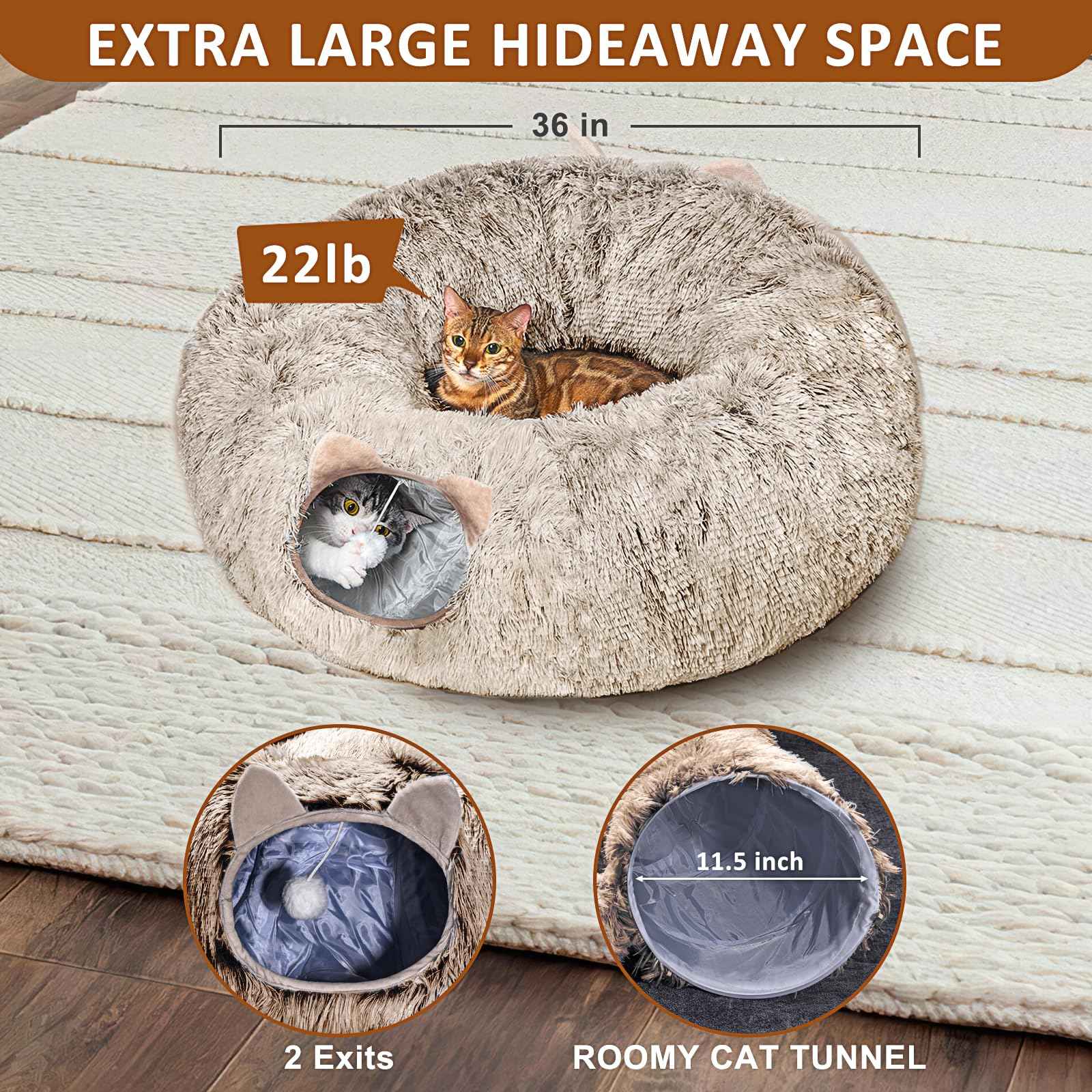 Cat Tunnel with Cat Bed for Indoor Cats, Under Christmas Tree Soft Plush Peekaboo Cat Cave Donut Tunnel, Multifunctional Playground Toys Hideplace for Kittens, Rabbit, Ferret (Grey)