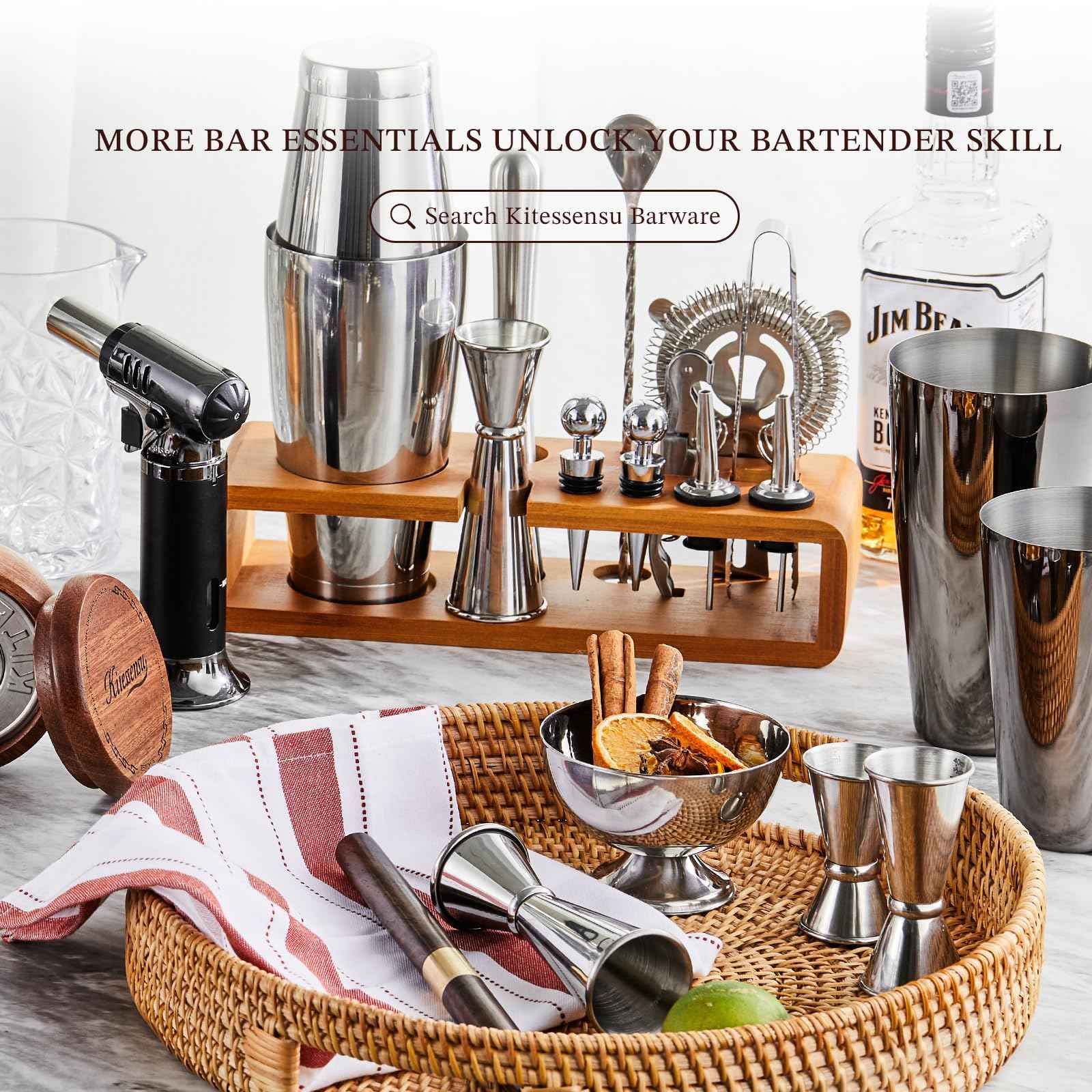 KITESSENSU Cocktail Shaker Set Bartender Kit with Stand | Bar Set Drink Mixer Set with All Essential Accessory Tools: Martini Shaker, Jigger, Strainer, Mixer Spoon, Muddler, Liquor Pourers |Silver