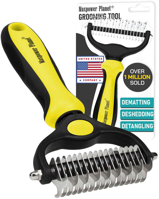 Maxpower Planet Pet Grooming Brush - Double Sided Shedding and Dematting Undercoat Rake Comb for Dogs and Cats,Extra Wide (B1 - Rake, Gloves & Comb, Large)