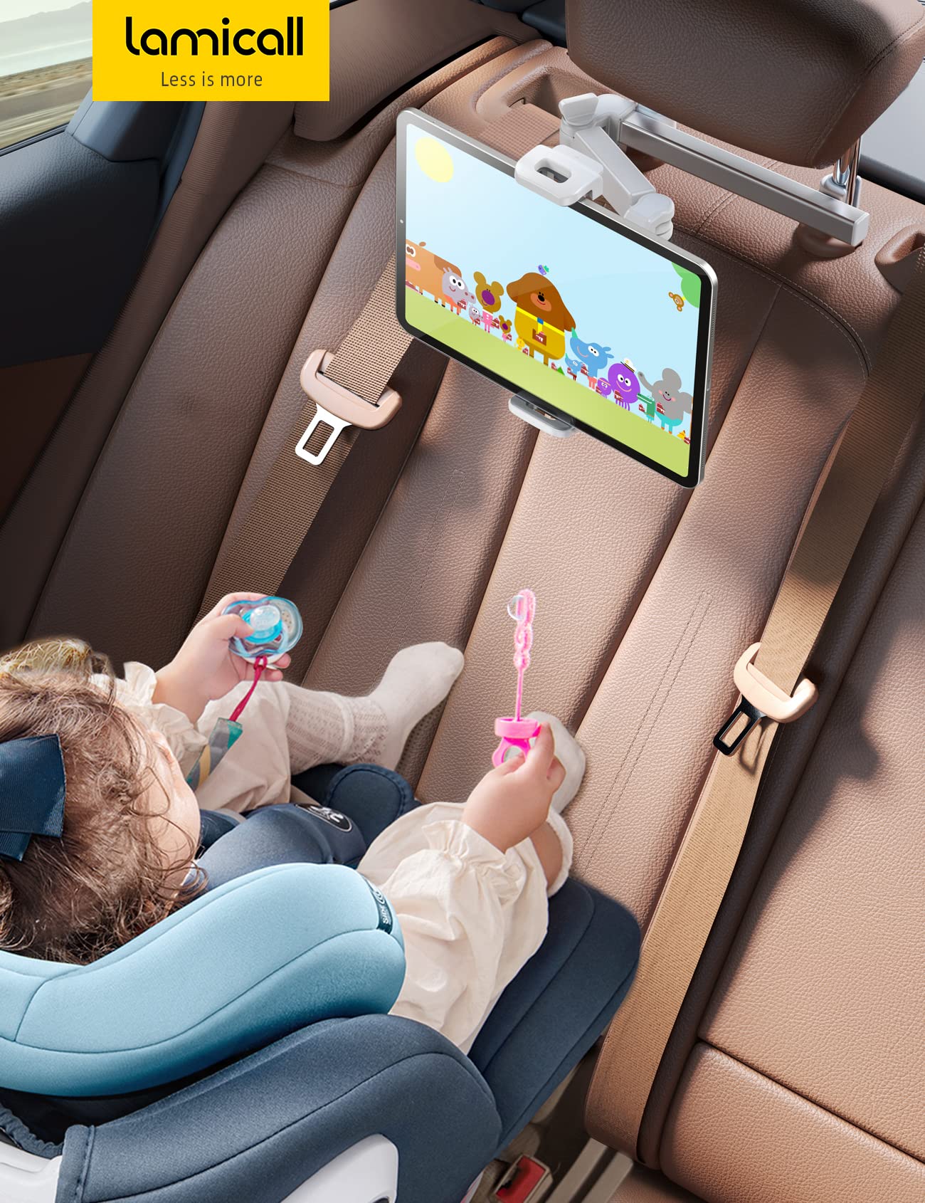 Lamicall Car Headrest Tablet Holder - [3 in 1 Extension Arm] Adjustable Tablet Car Mount for Back Seat, Road Trip Essentials for Kids, for 4.7-11" Device Like iPad Pro, Air, Mini, Galaxy, Fire, Black