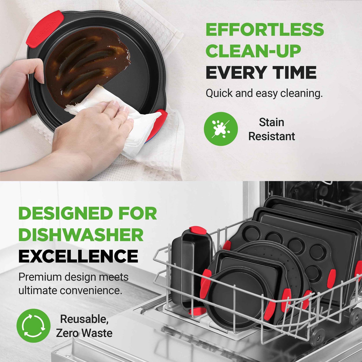 NutriChef 3-Piece Nonstick Kitchen Oven Baking Pans - Premium & Stylish Non-Stick Steel, Commercial Grade Restaurant Quality Metal Bakeware with Red Silicone Handles - Easy to Clean, NCSBS3S