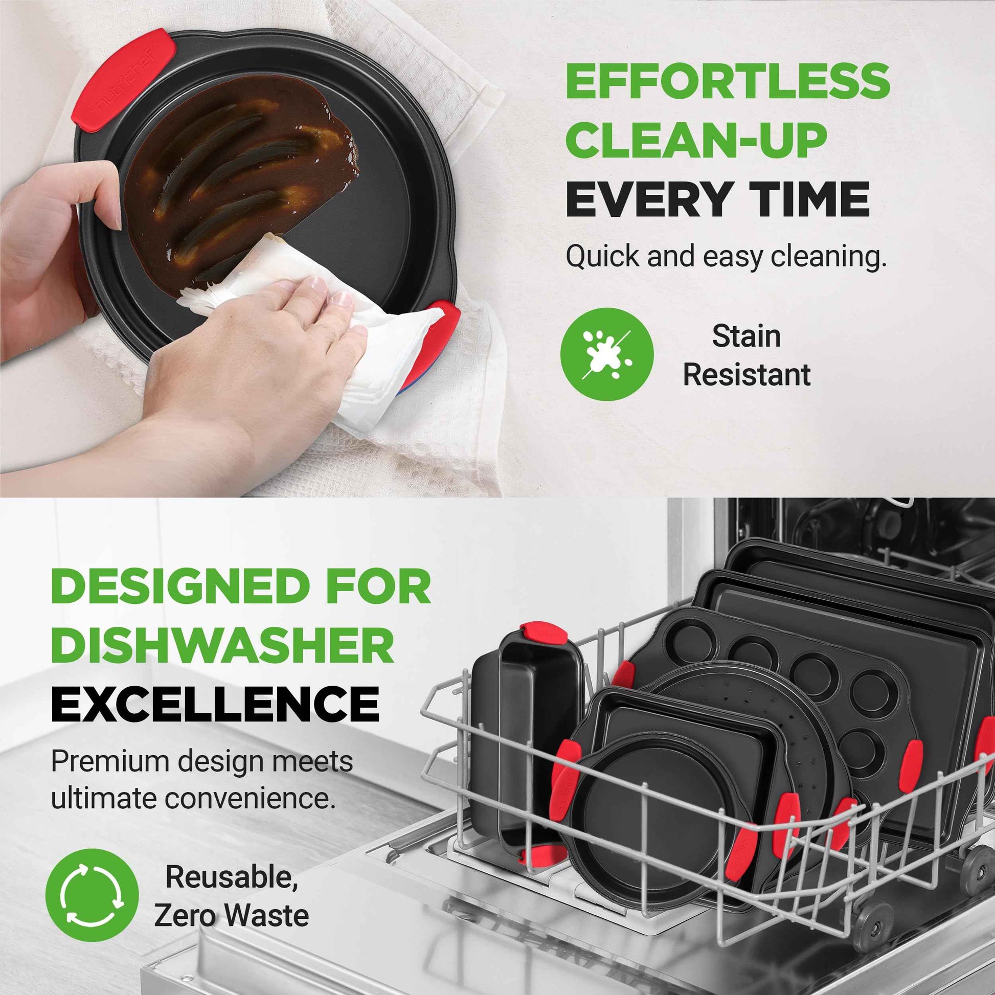 NutriChef 3-Piece Nonstick Kitchen Oven Baking Pans - Premium & Stylish Non-Stick Steel, Commercial Grade Restaurant Quality Metal Bakeware with Red Silicone Handles - Easy to Clean, NCSBS3S