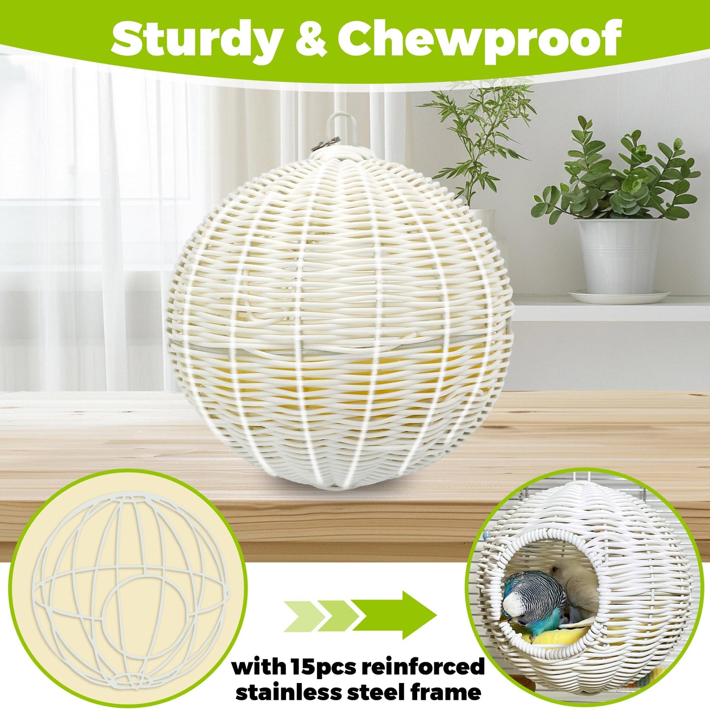 Chewproof Steel Frame Bird Nest for Cage, Washable Small Bird Bed Hammock Hideout Lay Eggs Parakeet Nest Sleep, Parakeet Warm Bed House Hut for Lovebird, Canary, Budgie, Finch (Brown)