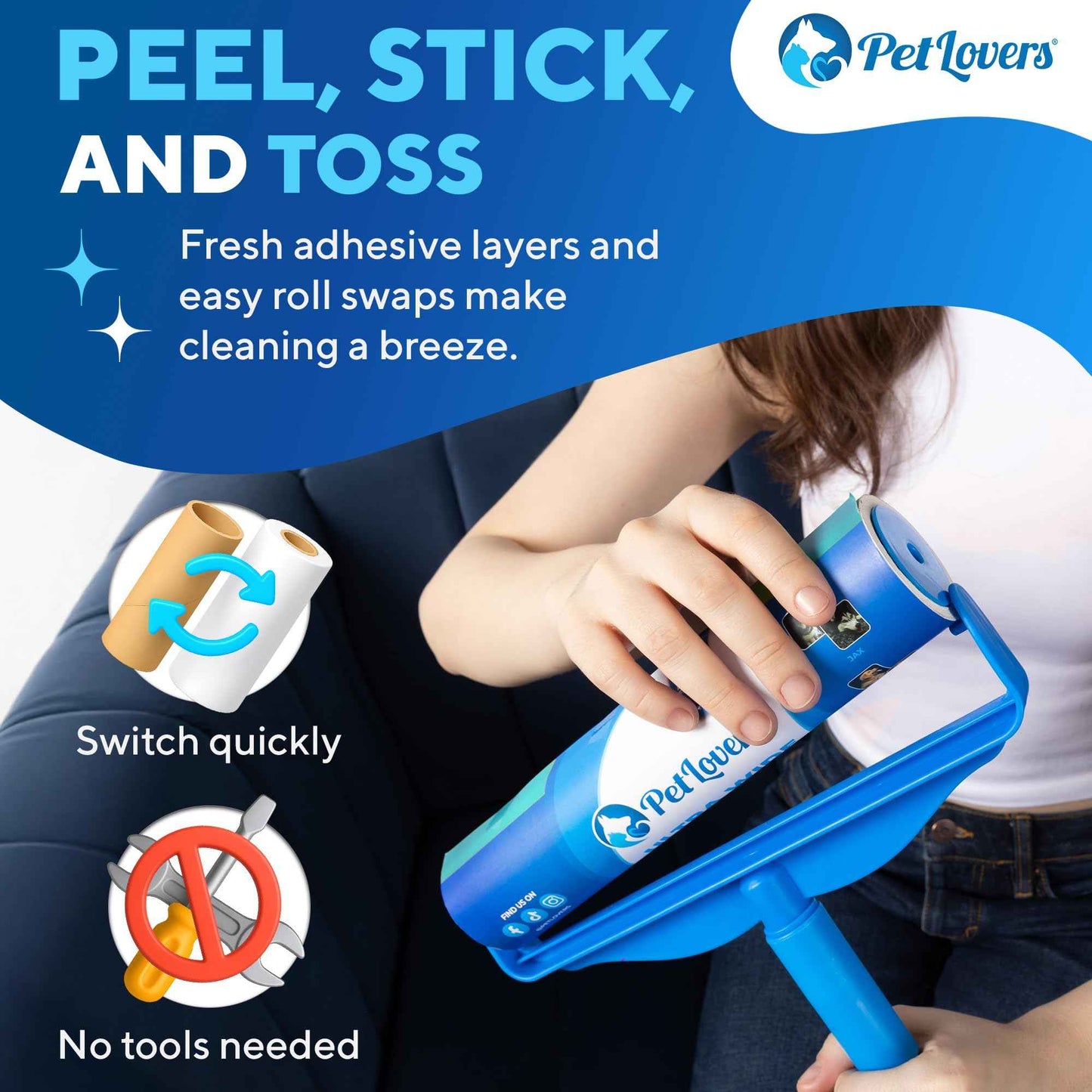 PetLovers Extra Sticky Lint Roller Mega Value Set 450 Sheets for Pet Hair Removal and Clothes, Dog and Cat Lint Remover 5 Pack