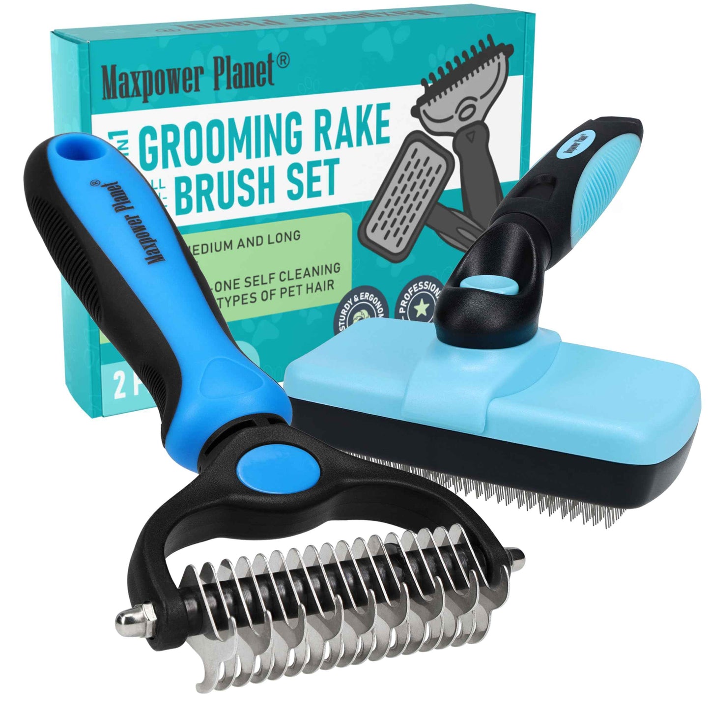 Maxpower Planet Pet Grooming Brush - Double Sided Shedding and Dematting Undercoat Rake Comb for Dogs and Cats,Extra Wide (B1 - Rake, Gloves & Comb, Large)