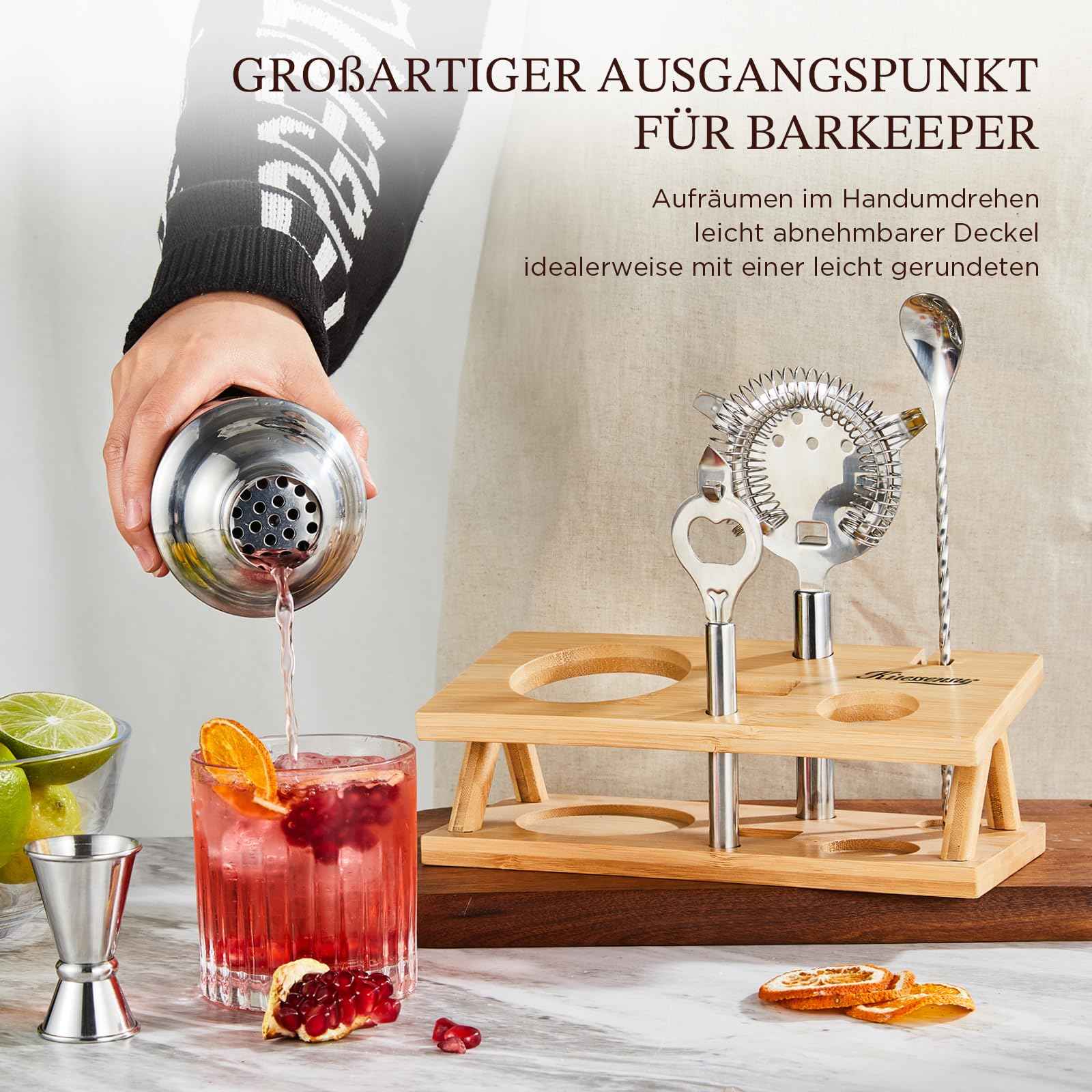 KITESSENSU Cocktail Shaker Set Bartender Kit with Stand | Bar Set Drink Mixer Set with All Essential Accessory Tools: Martini Shaker, Jigger, Strainer, Mixer Spoon, Muddler, Liquor Pourers |Silver