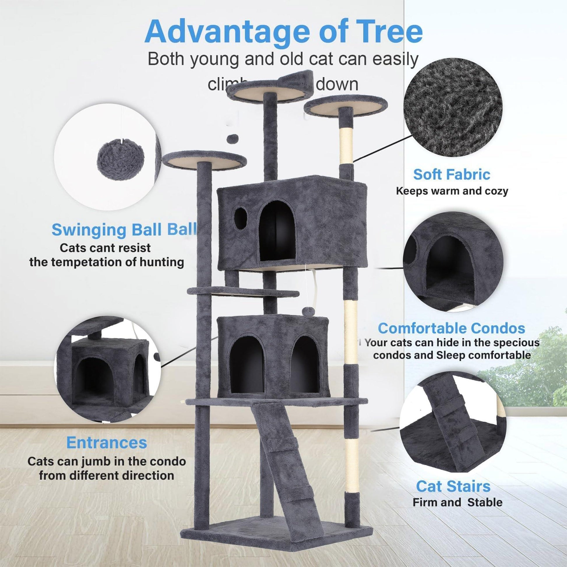 FDW Cat Tree 54in Cat Tower Multi-Level Durable Cat Scratching Post & Cozy Fun Cat Jumping Platform Space Saving Cat Condo Pet Play House for Indoor Cats,Dark Gray jlhbookstore.store