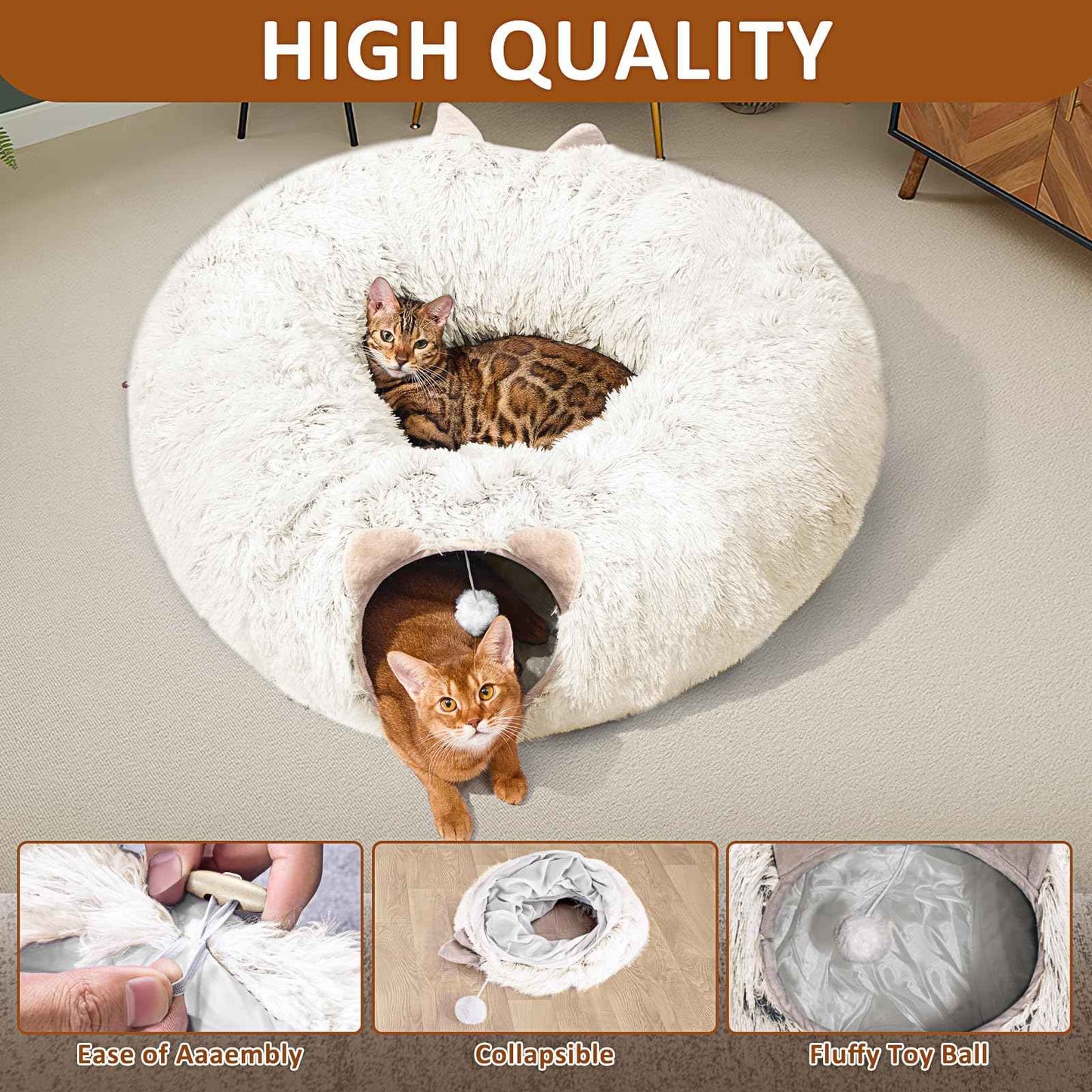 Cat Tunnel with Cat Bed for Indoor Cats, Under Christmas Tree Soft Plush Peekaboo Cat Cave Donut Tunnel, Multifunctional Playground Toys Hideplace for Kittens, Rabbit, Ferret (Grey)