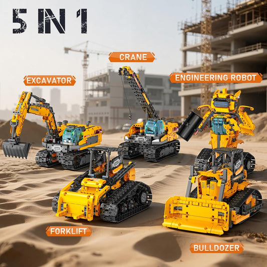 5in1 STEM Robot Building Kits for Kids 6-14, Remote & APP Controlled STEM Excavator/Bulldozer/Crane/Robot Building Toys, 736 Pcs Educational Building Sets for Kids, Erector Sets Gifts for Boys Girls