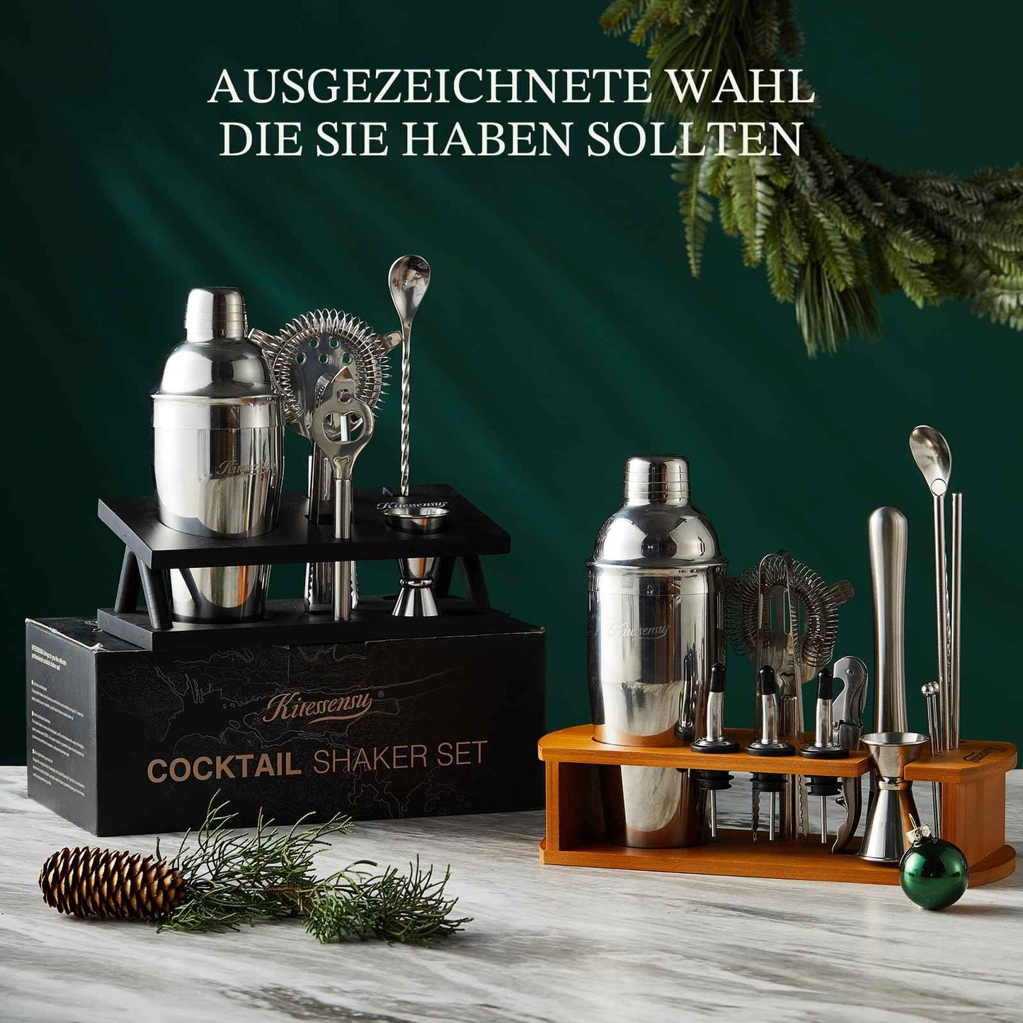 KITESSENSU Cocktail Shaker Set Bartender Kit with Stand | Bar Set Drink Mixer Set with All Essential Accessory Tools: Martini Shaker, Jigger, Strainer, Mixer Spoon, Muddler, Liquor Pourers |Silver