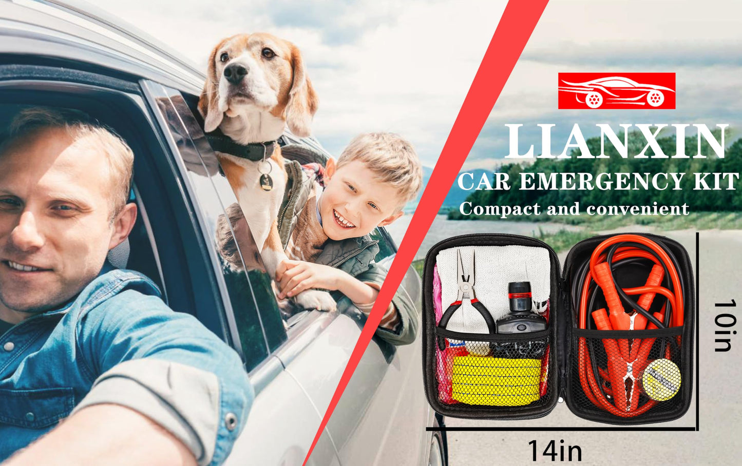 Car Roadside Emergency Kit, with Jumper Cables Automotive Kit,Car Safety Roadside Assistance Kit Headlamp,Tow Straps, Safety Hammers, Rainwear, Gloves.Black