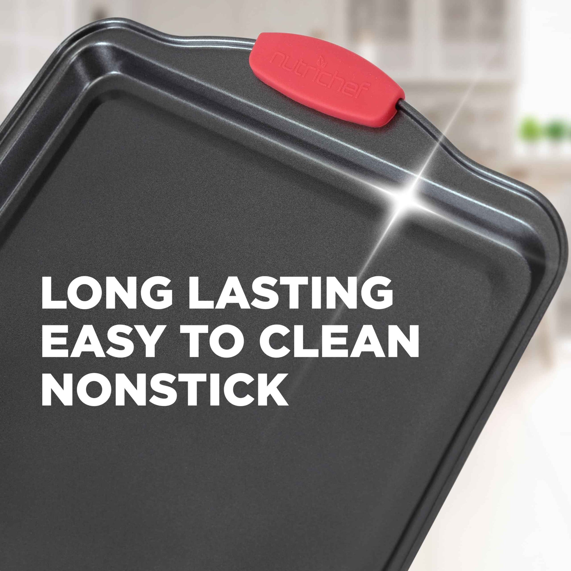 NutriChef 3-Piece Nonstick Kitchen Oven Baking Pans - Premium & Stylish Non-Stick Steel, Commercial Grade Restaurant Quality Metal Bakeware with Red Silicone Handles - Easy to Clean, NCSBS3S